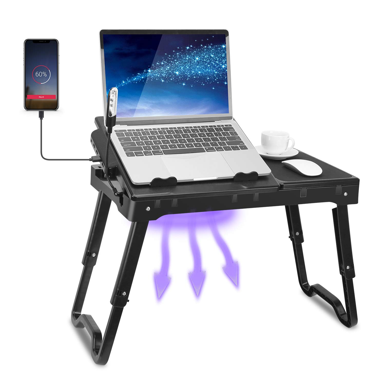 Adjustable Laptop Desk for Bed with Cooling Fan & LED Light - Portable Foldable Lap Desk with 4 USB Ports, Storage Drawer & Mouse Pad - Perfect for Working, Studying or Watching Movies in Bed, Sofa or Couch
