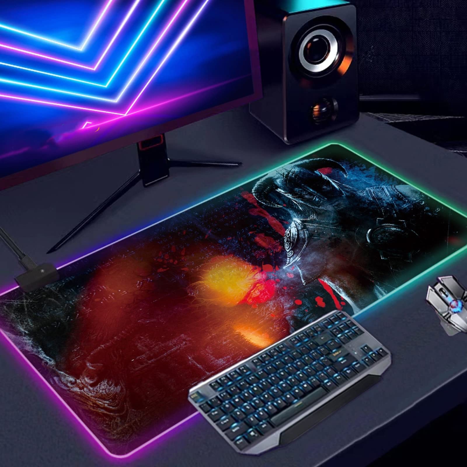 Skyrim Dragon Art XXL RGB Gaming Mouse Pad - Non-Slip Rubber Base & Stitched Edges - 12x24 Inch Large Mouse Mat for PC, Laptop, Computer (Perfect for Gaming, Office Work & Home Use)
