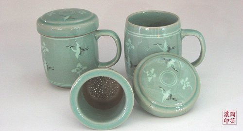 Premium Celadon Glaze Ceramic Tea Infuser Set with Crane & Cloud Design - Loose Leaf Tea Strainer, Mug & Lid - Perfect for Home, Office & Gifting - Green Porcelain Tea Brewing Cup for Tea Lovers