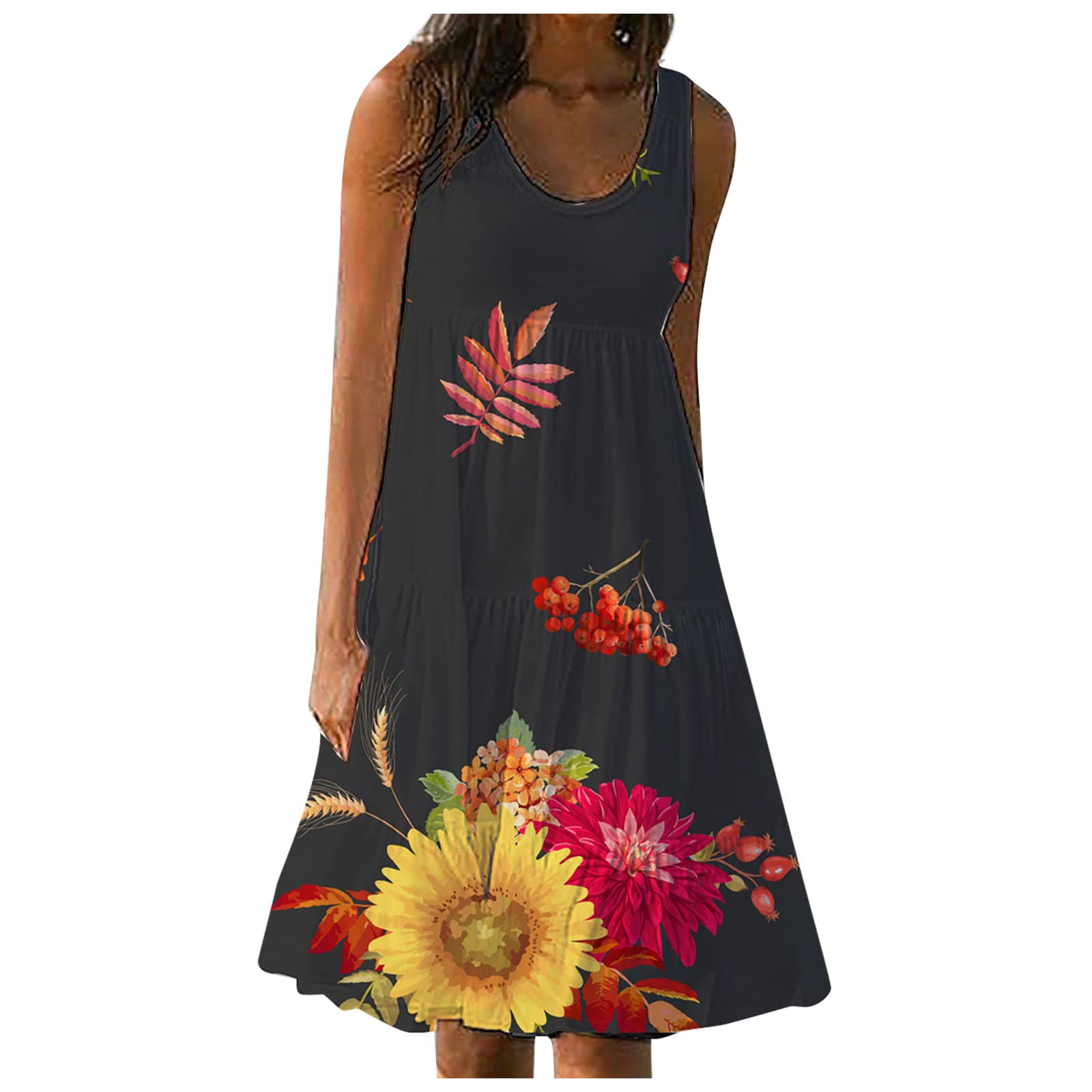 Women's Floral Print Summer Beach Dress - Sleeveless Round Neck Jersey Dress for Casual Outings, Vacations & Outdoor Events