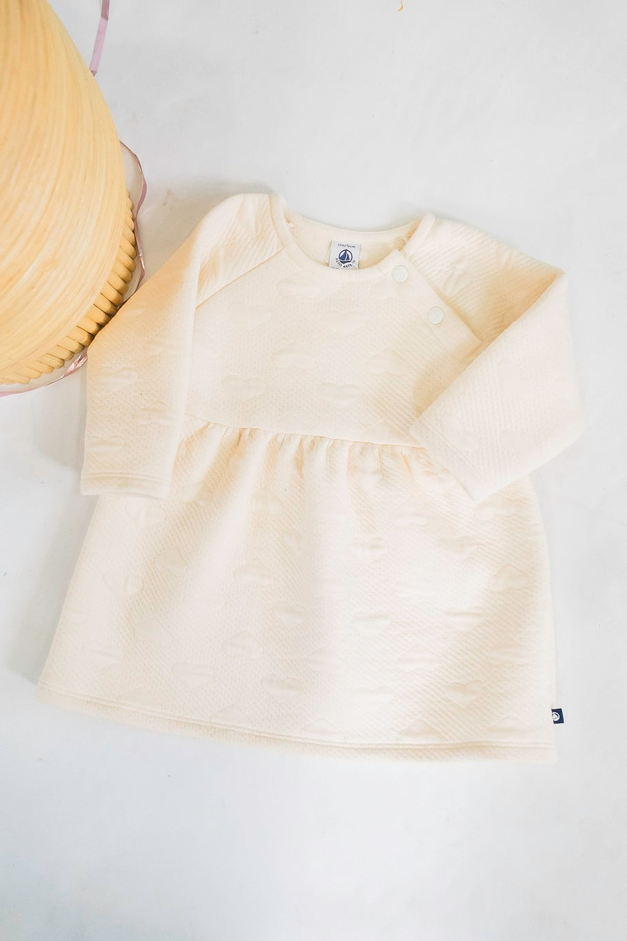 Baby Girl Cream Embossed Hearts Dress - Elegant Floral Print Party Outfit for Birthday, Photo Shoot & Special Occasions