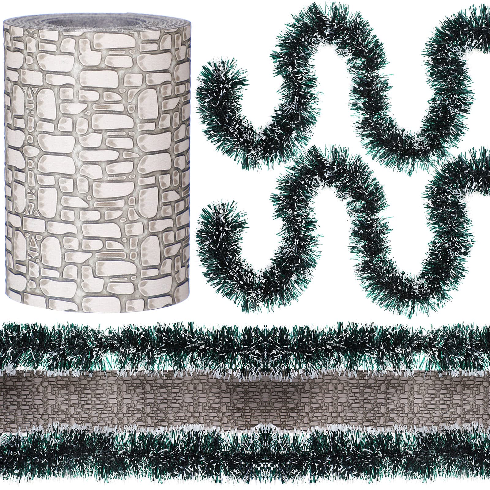 Christmas Village Accessories - Mini Flexible Sisal Hedge Pine Trees with Snow Brick Road Street Mat Decor for Winter Holiday Displays | Perfect for Christmas Village Scenes, Winter Wonderland Dioramas & Holiday Home Decor