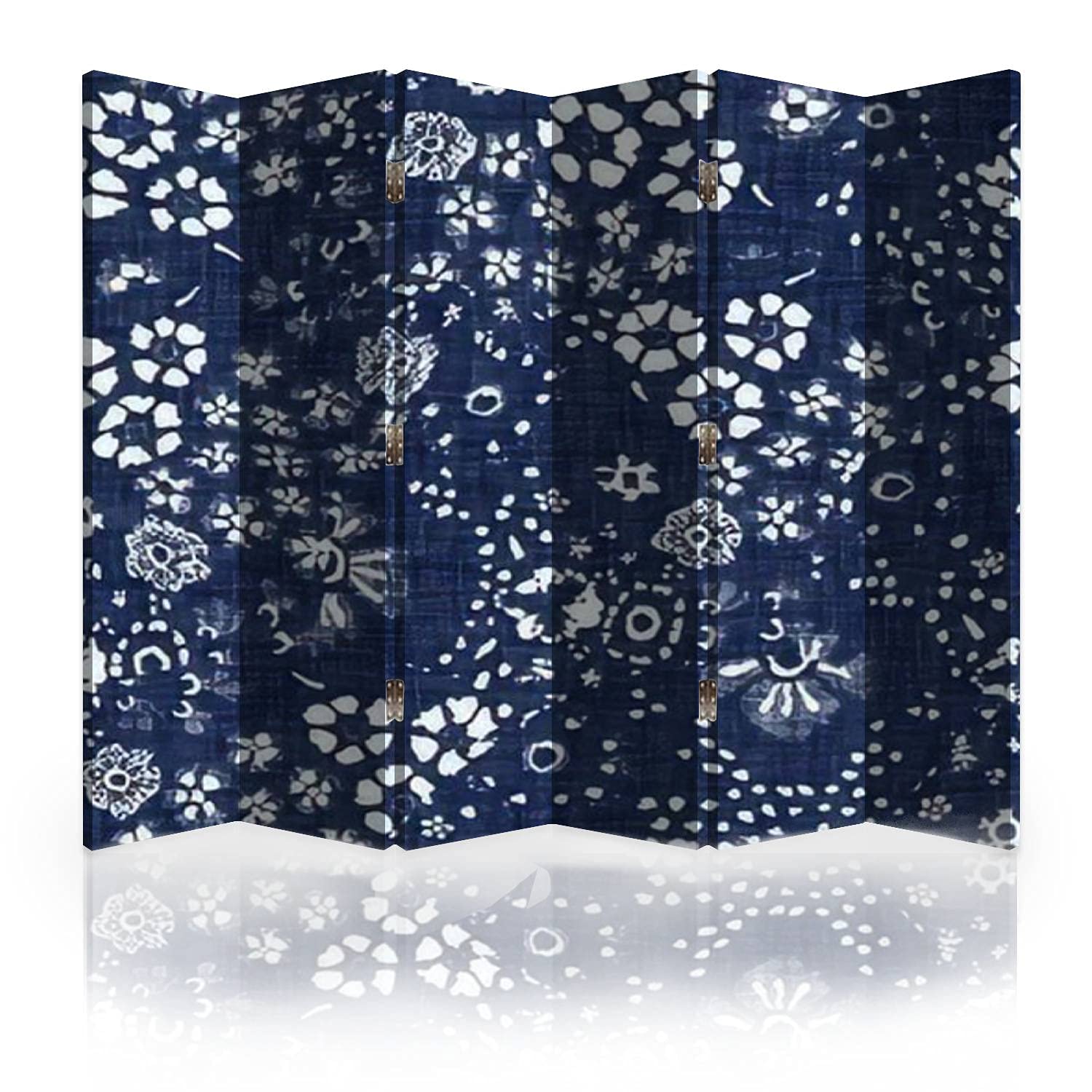Indigo Blue Floral Block Print Canvas Room Divider - 6 Panel Folding Privacy Screen with Damask Dyed Texture | Perfect for Bedroom, Office & Studio Separators | Home Decor & Space Partition Solution