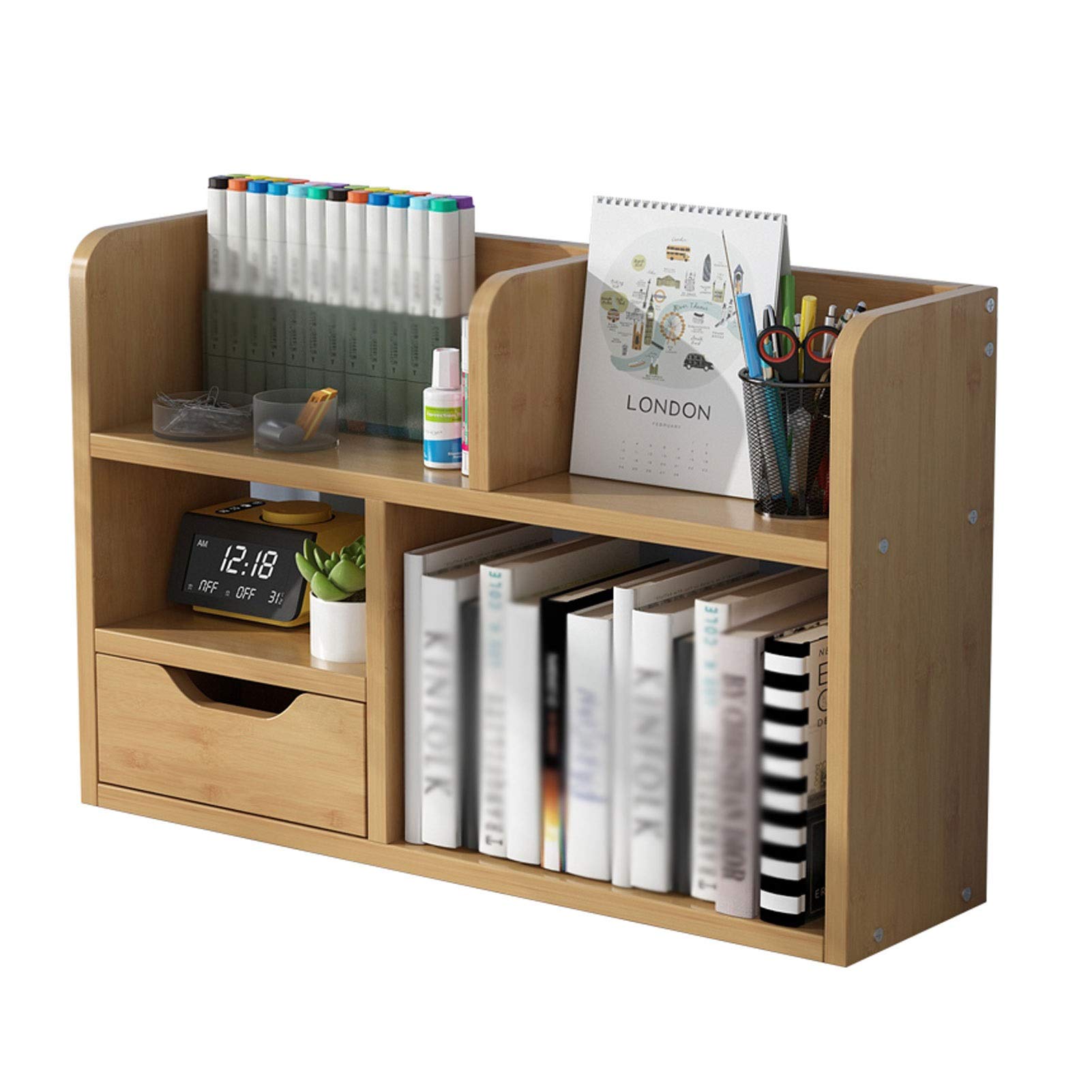 Natural Bamboo Desktop Bookshelf with Drawer - Modern Bookcase for Office, Living Room & Bedroom - Storage Organizer & Display Stand for Books, Decor & Essentials - Perfect for Home, Office & Dorm Organization