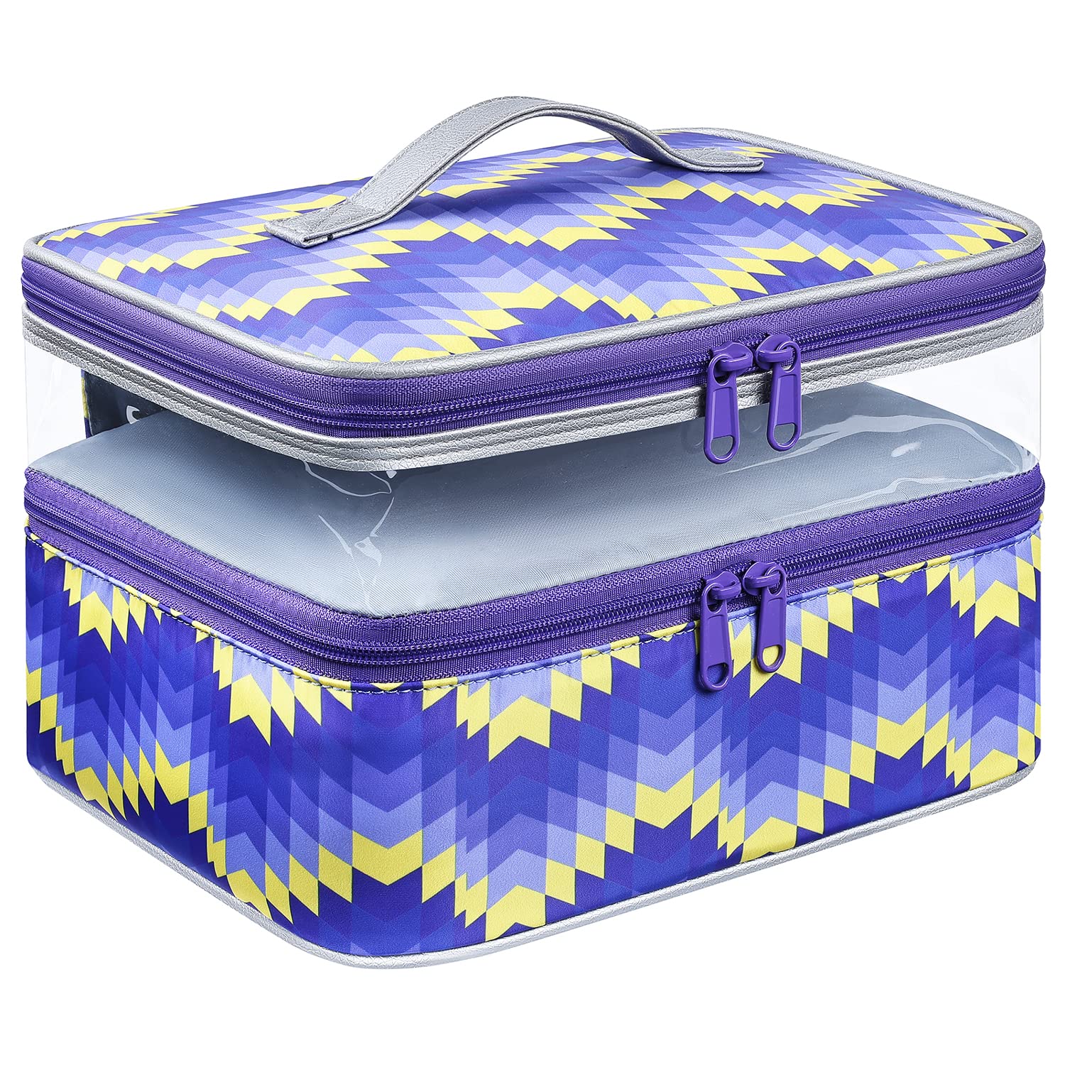 DIMJ Double Layer Clear Travel Makeup Bag - Large Waterproof Cosmetic Organizer for Women & Girls | Perfect for Air Travel, Gym & Vacation (Waves Design)