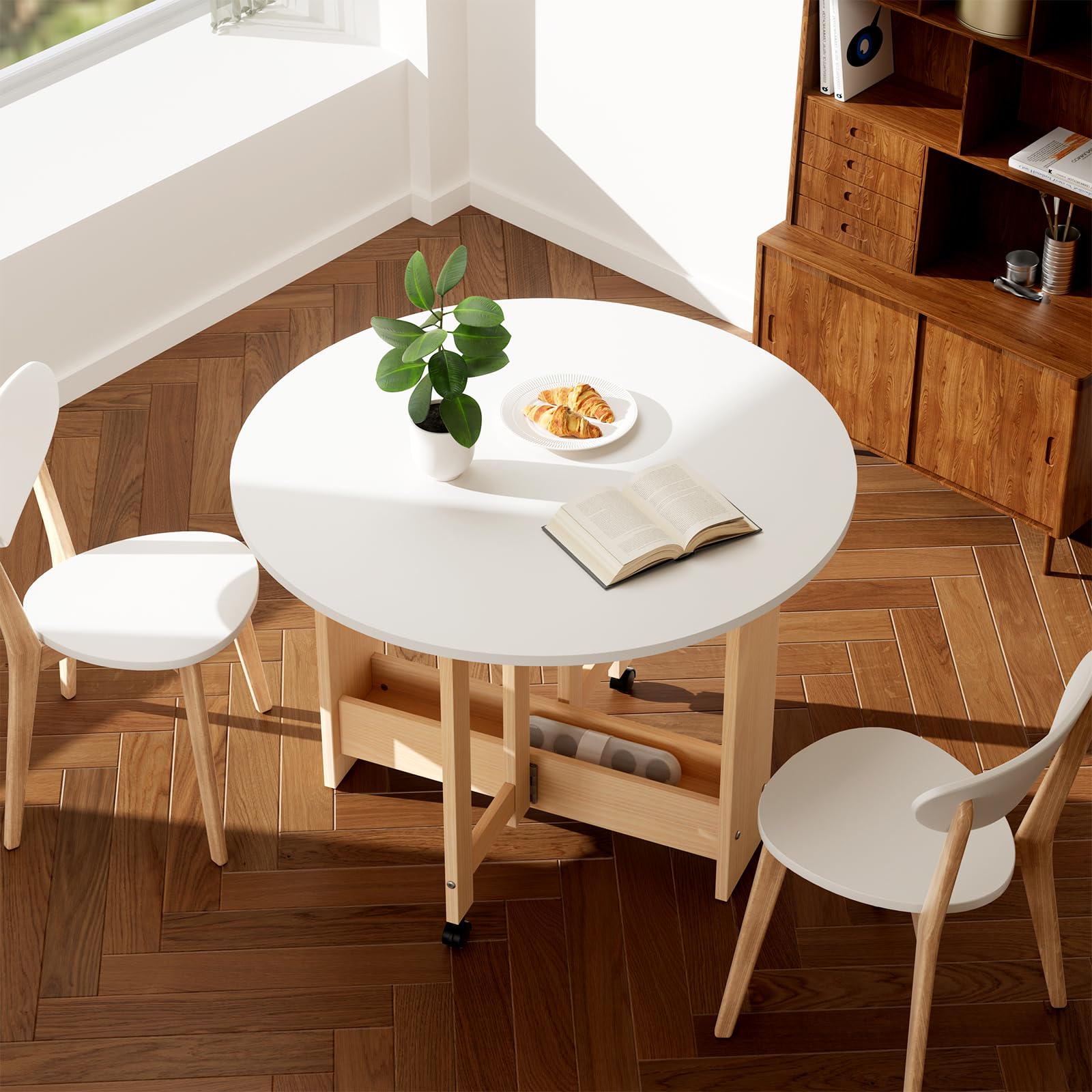 Round Drop-Leaf Folding Dining Table - Space Saving Extendable Convertible Table with Storage Box & Wheels - White Kitchen Farmhouse Living Room Furniture - Perfect for Small Apartments, Dorms & Multi-Purpose Rooms
