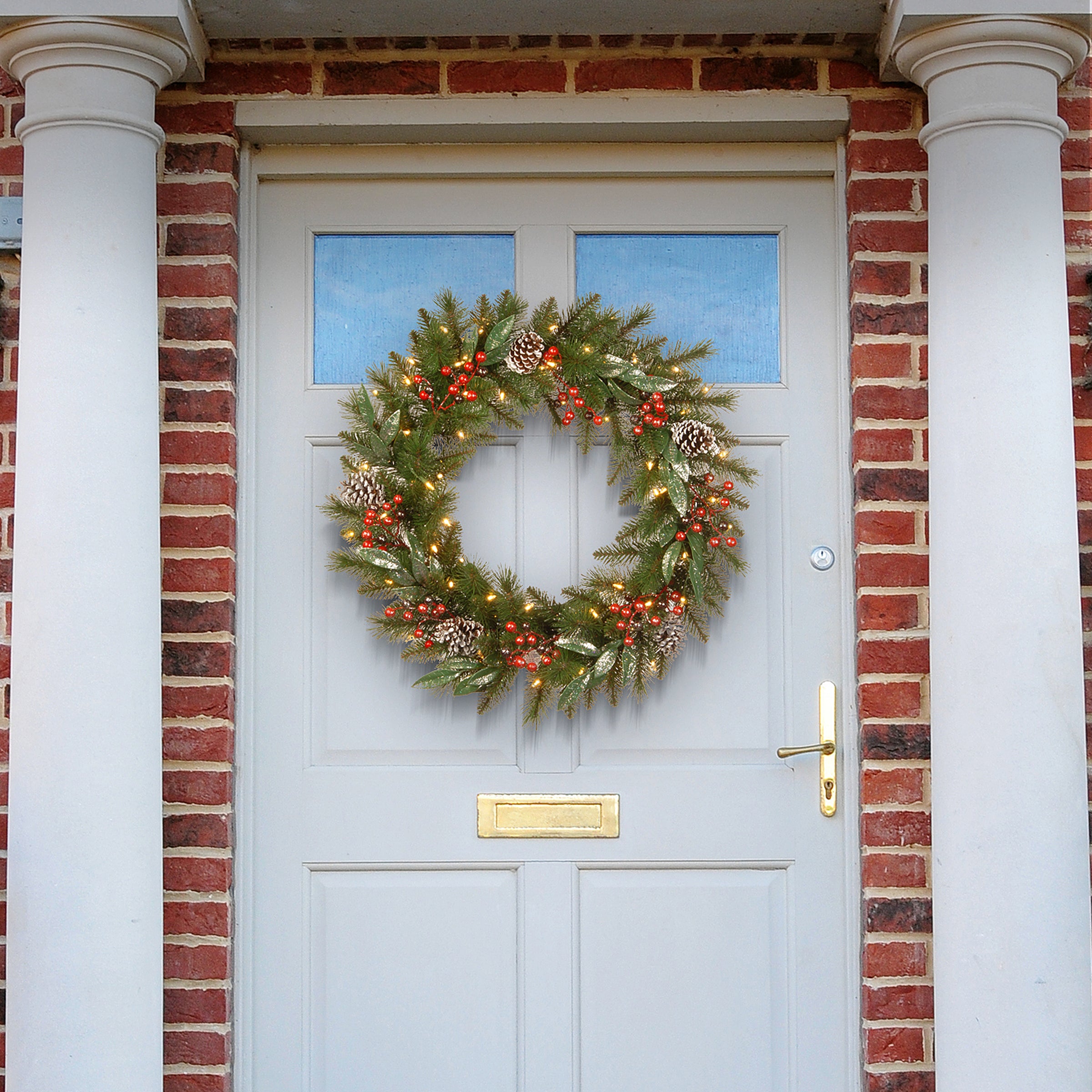 24 Inch Pre-Lit Frosted Pine Berry Christmas Wreath with Warm White LED Lights - Perfect for Holiday Door Decor, Fireplace Mantel & Winter Home Decorations