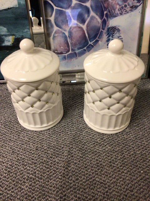 Pair of White Ceramic Jeweled Jars with Lids - Elegant Home Decor for Bathroom, Bedroom & Vanity Storage | Perfect for Jewelry, Cotton Balls & Beauty Essentials