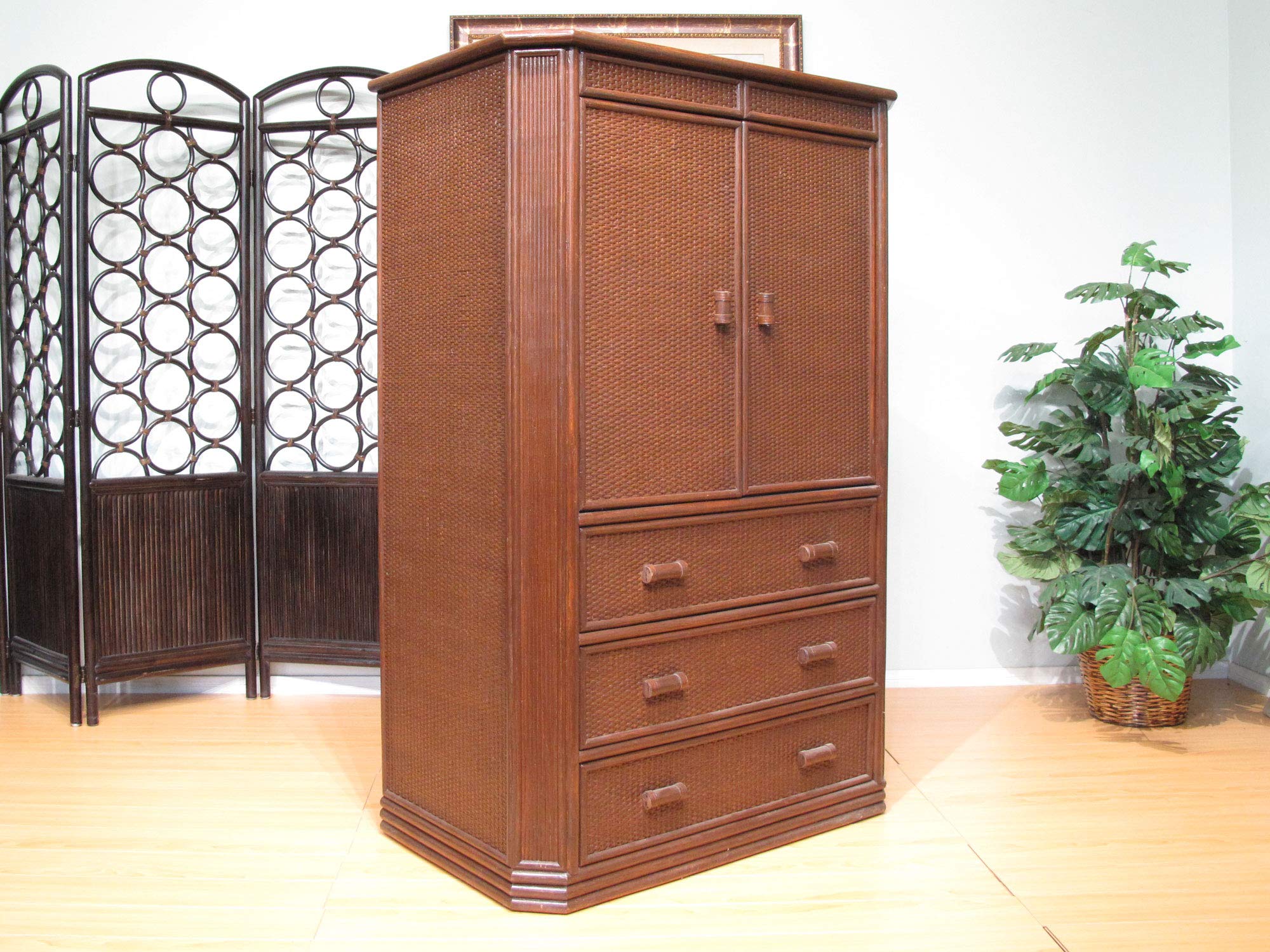 Rattan and Wood TV Armoire Cabinet with Drawers - Stylish Storage for Living Room, Bedroom, or Home Theater