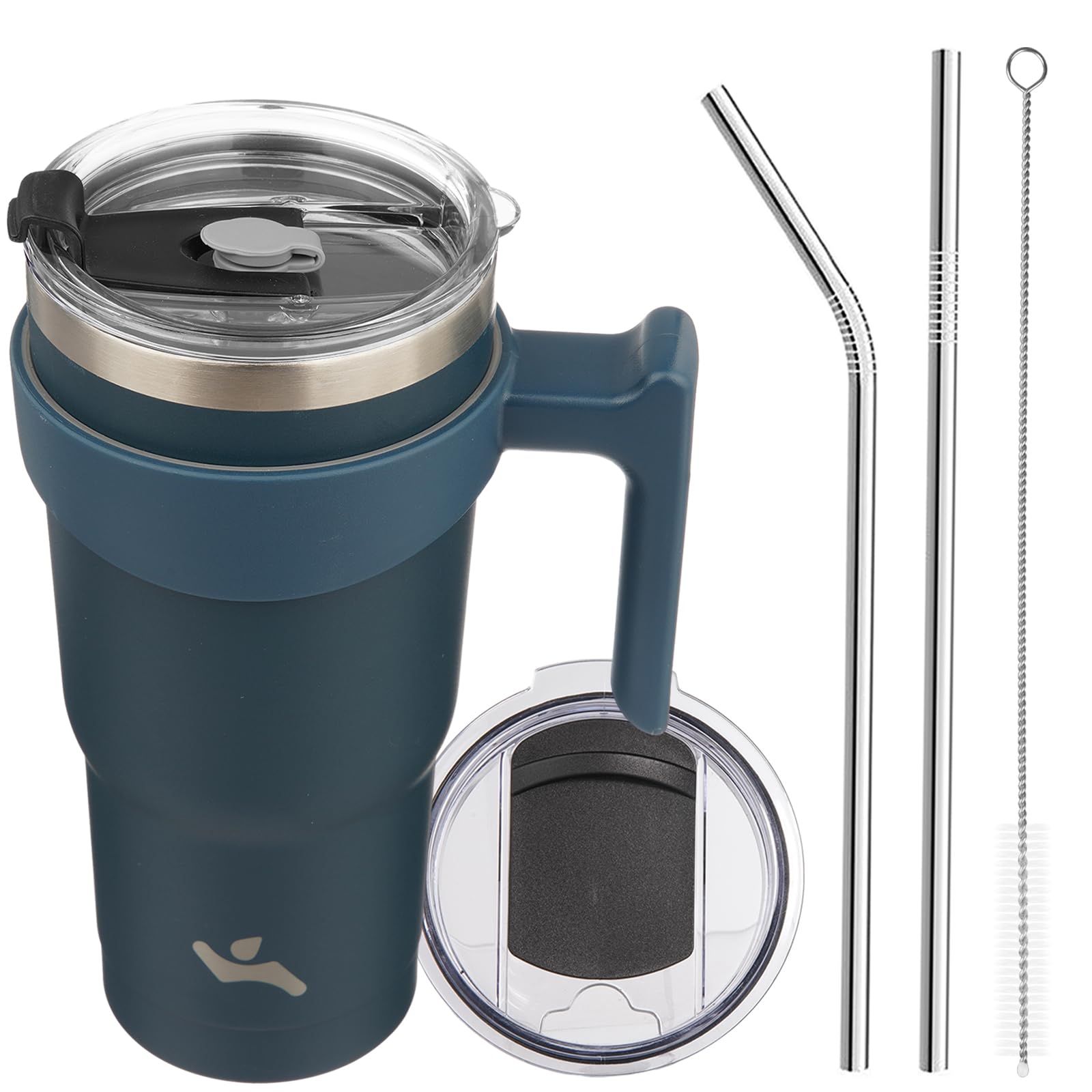 20 oz Insulated Stainless Steel Tumbler with Handle - Vacuum Sealed Travel Mug with 2 Straws & 2 Lids, Navy Blue - Perfect for Coffee, Tea & Cold Drinks On-The-Go, Office & Outdoor Activities