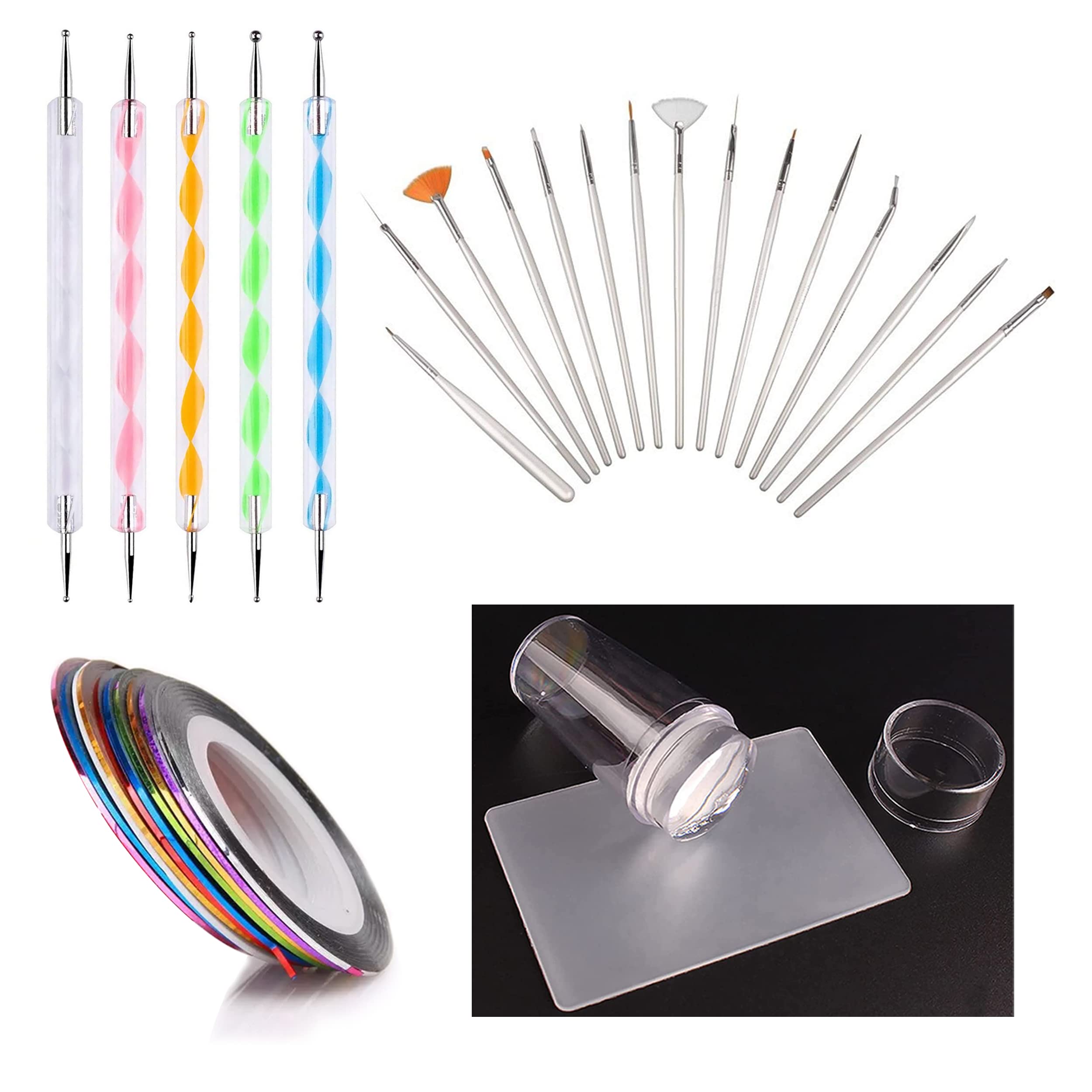 MAPPERZ 15-Piece Professional Nail Art Brush Set with 10 Rolls Self-Adhesive Striping Tape & 5 Dual-End Dotting Tools - Perfect for Detailing, Striping, Blending - Ideal for Salon, Home Manicure, Nail Art Design & DIY Nail Decorations
