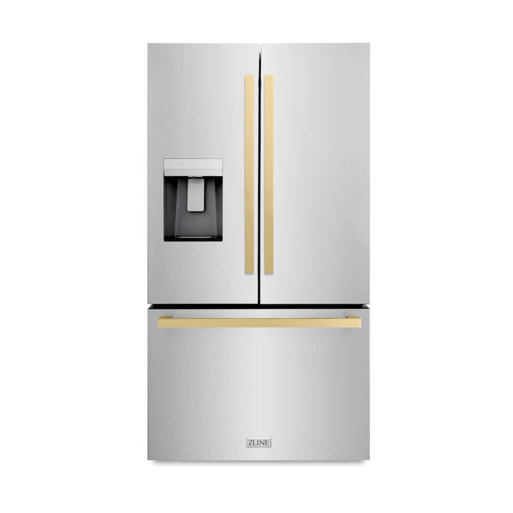 ZLINE Autograph Edition 36 Inch Standard Depth French Door Refrigerator - 28.9 cu. ft. Capacity, External Water Dispenser, Dual Ice Maker, Fingerprint Resistant Stainless Steel with Champagne Bronze Handles (RSMZ W 36 FCB) - Perfect for Modern Kitchens & Open Concept Homes