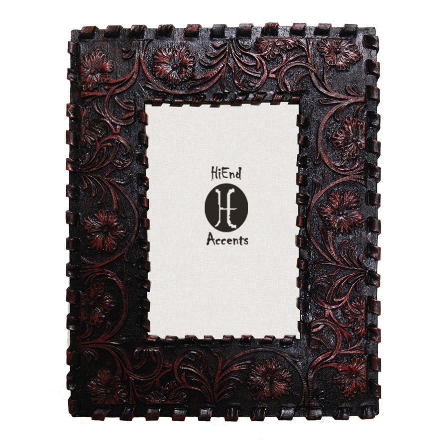 4x6 Faux Leather Picture Frame with Laced Edge & Tooled Design - Perfect for Home Decor, Wedding Photos & Wall Art Displays