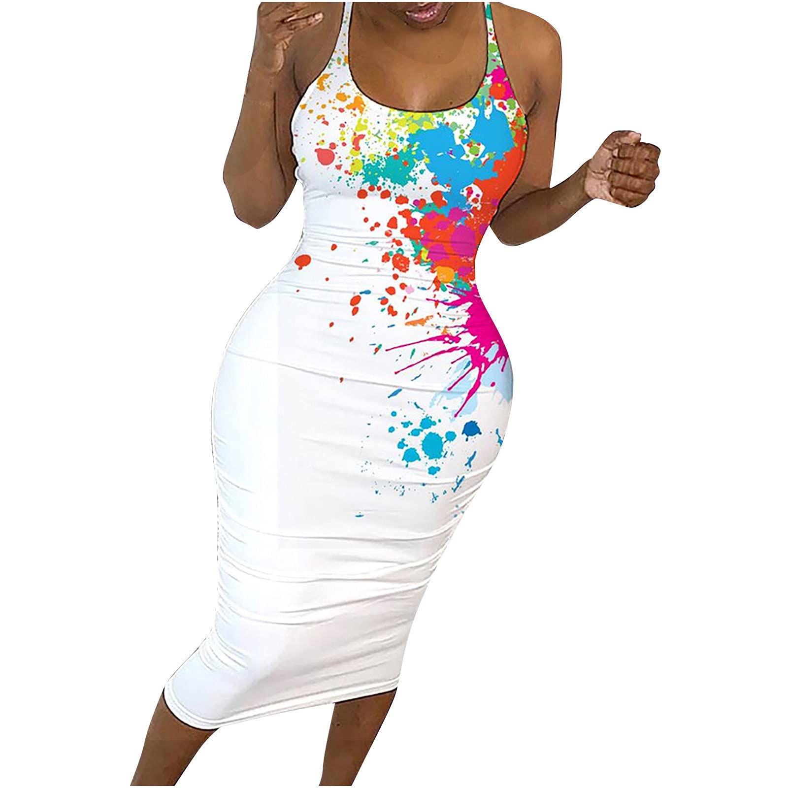 Sexy Summer Dresses for Women - Fashionable Halter Fishnet Long Dress with Colorful Print, Round Neck for Wedding Guest & Party | Perfect for Beach Vacations, Date Nights & Special Occasions