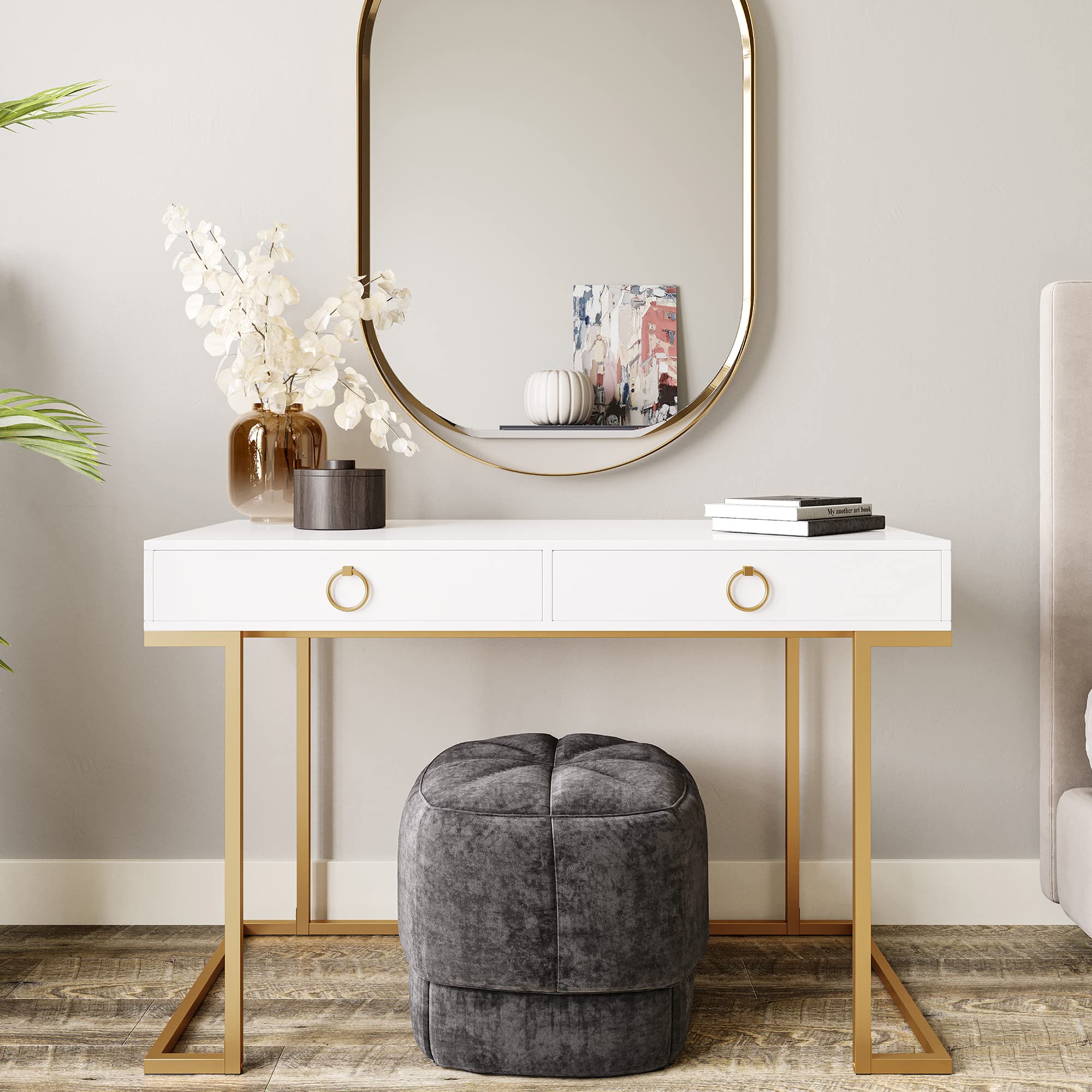 BELLEZE 45 Inch Modern Vanity Desk with 2 Drawers - White Makeup Dressing Table & Home Office Computer Desk with Gold Metal Frame, Perfect for Study, Writing, and Laptop Work