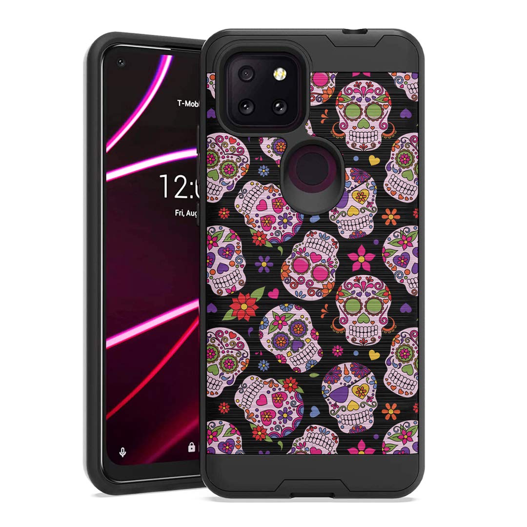 T-Mobile Revvl 5G Phone Case - Shockproof Hybrid Cover for Men & Women | Brushed Black Design | Sugar Skulls Sweet Style | Daily Protection