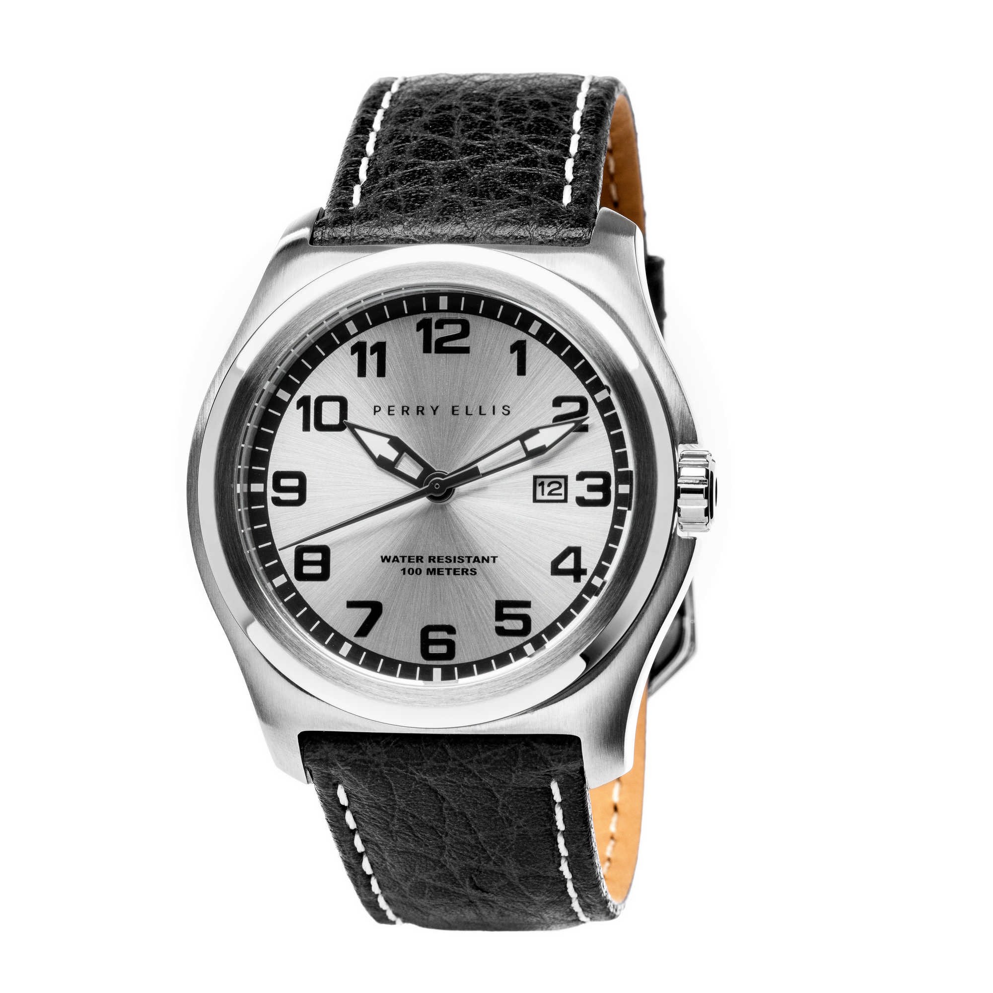Perry Ellis Men's Memphis 44mm Date Display Quartz Watch with Genuine Leather Strap - Waterproof Casual & Dress Watch for Business, Office and Everyday Wear