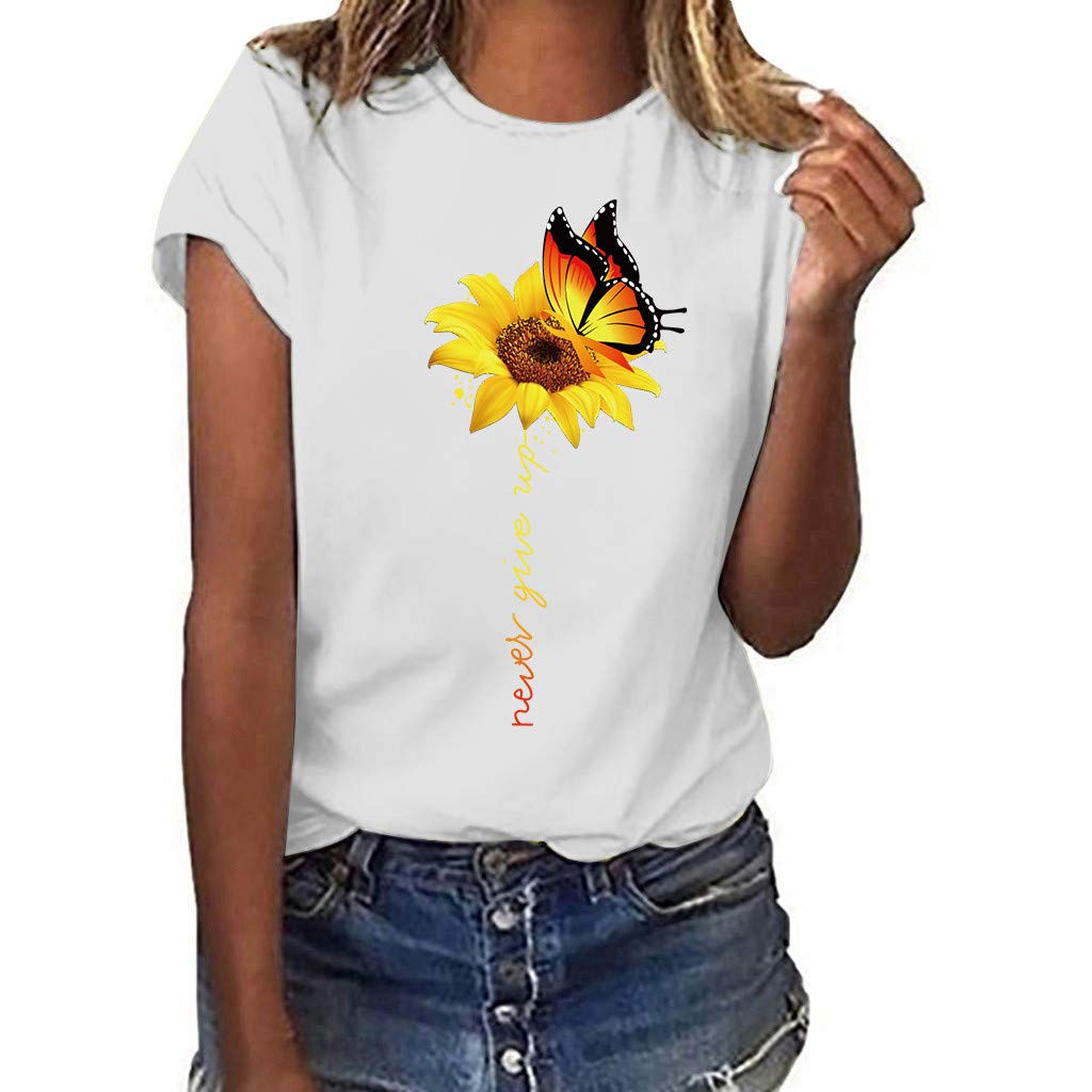 Plus Size Women's Sunflower Print Short Sleeve T-Shirt - High Neck Casual Summer Blouse, Loose Fit Sleeveless Soft Cami Top (White, Large) | Perfect for Beach Outings, Picnics & Summer Vacations