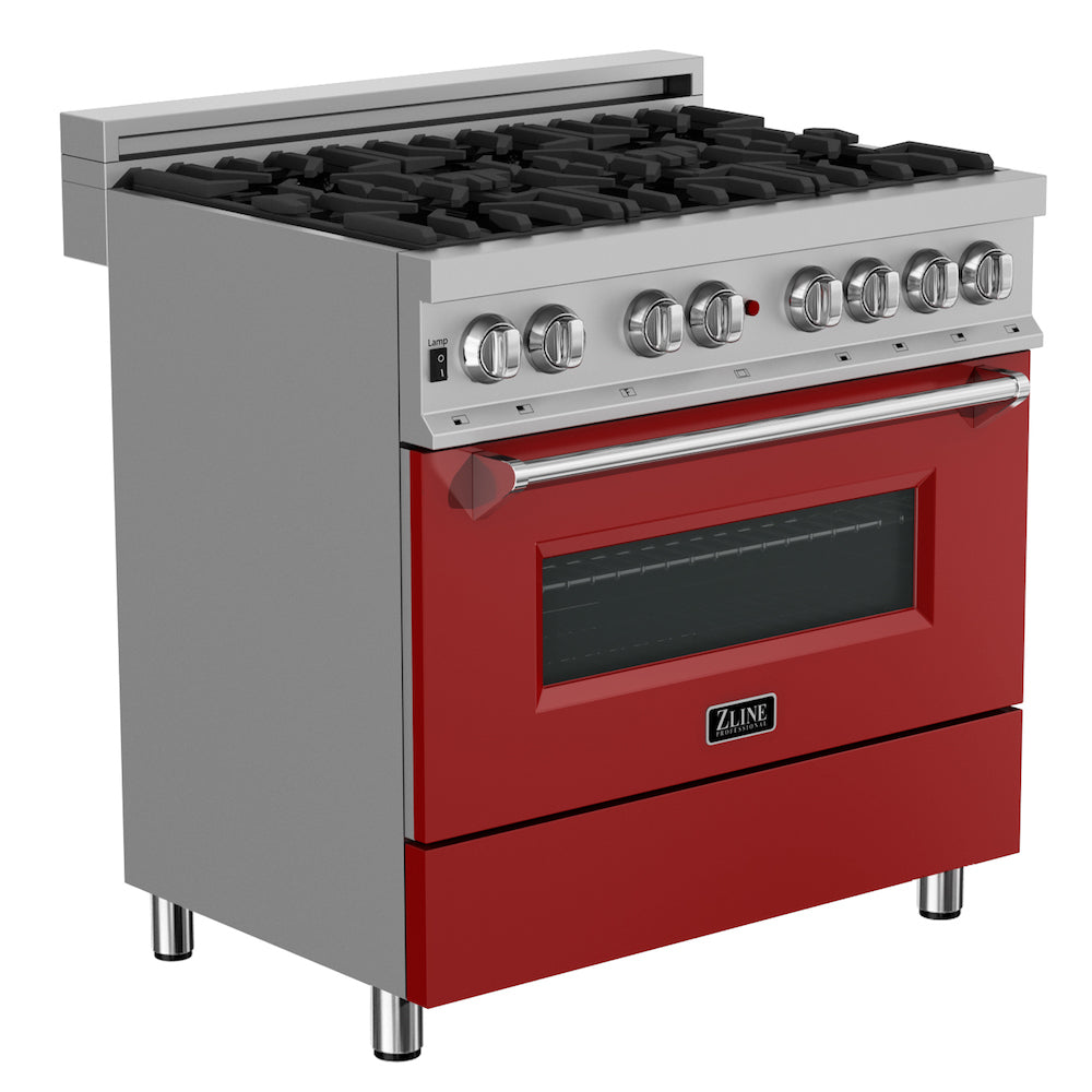 ZLINE 36-inch 4.6 cu. ft. Dual Fuel Range with 6 Burner Gas Cooktop & Convection Oven - Satin Stainless Steel with Red Matte Door (RAS RM 36) - Perfect for Modern Kitchens & Professional Cooking