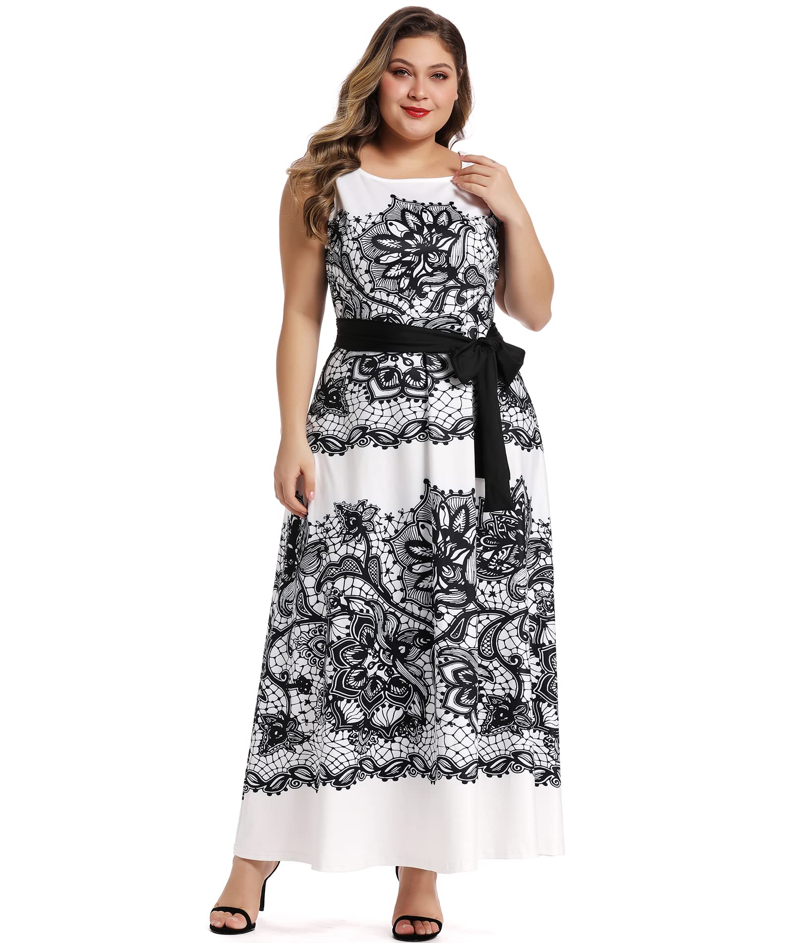 LALAGEN Women's Plus Size Maxi Dress - Casual Sleeveless Tank Flowy Summer Dress with Belt | Beach Cover Up, Vacation Outfit, Boho Chic Fashion