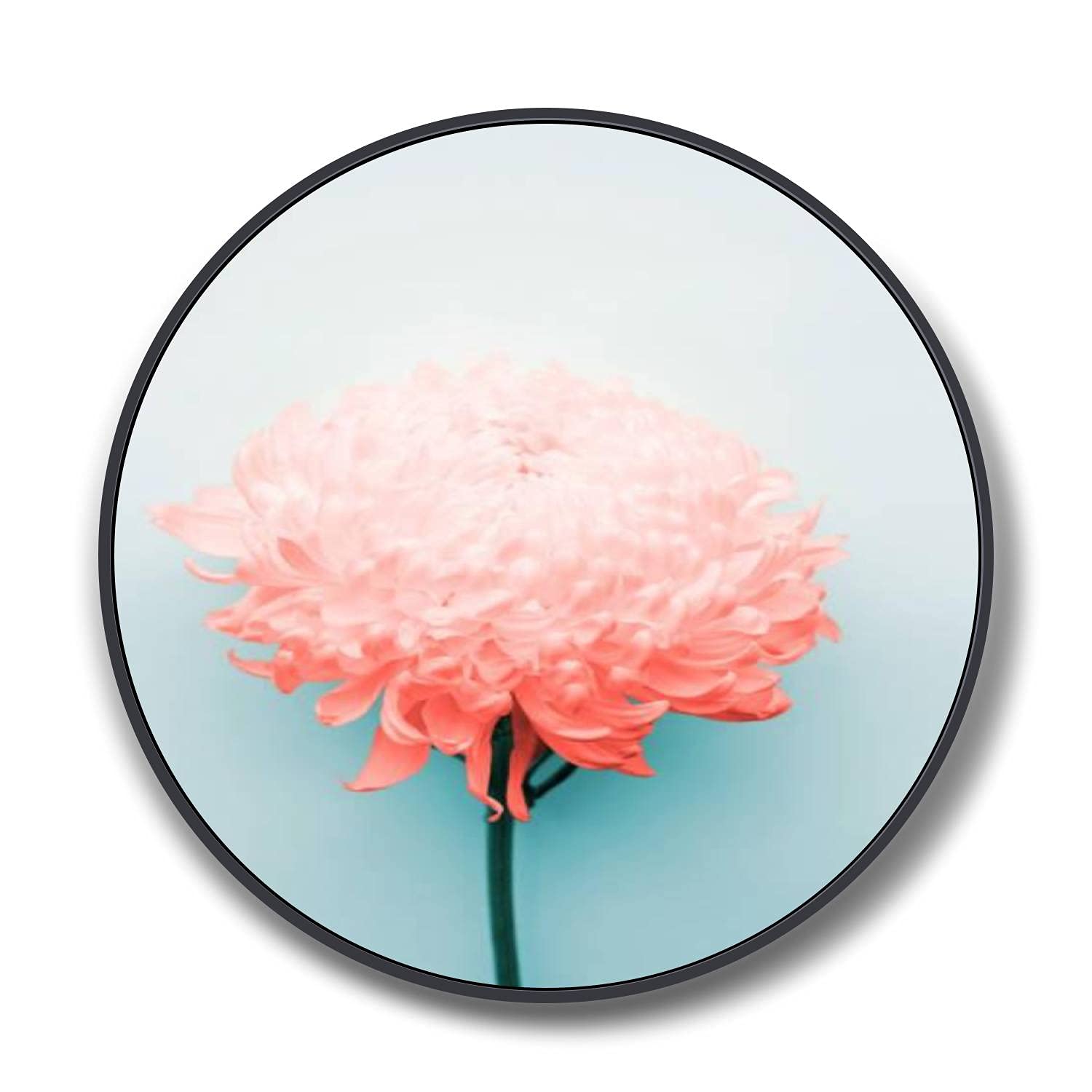 Vibrant Coral Chrysanthemum Round Canvas Wall Art - 24 Inch Black Framed Floral Painting for Bedroom & Living Room Decor | Perfect for Boho Home, Office, Nursery & Wedding Gift