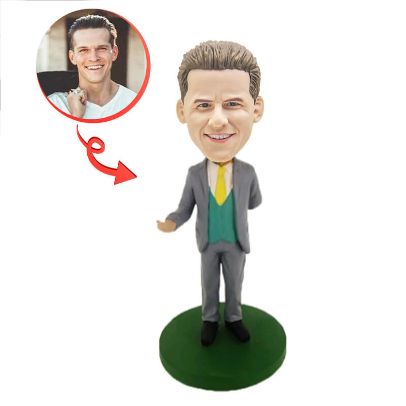 Custom Bobblehead of Man in Suit - Personalized Office Desk Decor, Corporate Gift & Wedding Cake Topper