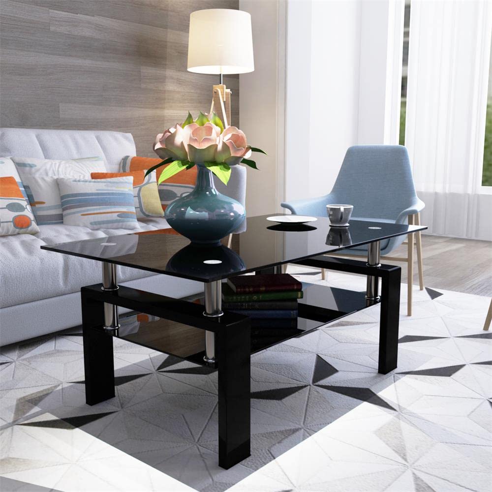 KeKe Glass Coffee Table - Rectangular Black Legs, Transparent Top for Living Room, Office, or Dorm - Modern Side Table & Furniture Accent
