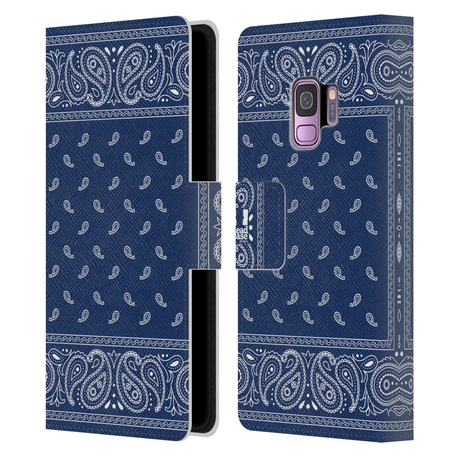 Head Case Designs Square Blue Classic Paisley Bandana Leather Book Wallet Case Cover for Samsung Galaxy S9 - Perfect for Travel, Work, and Everyday Protection