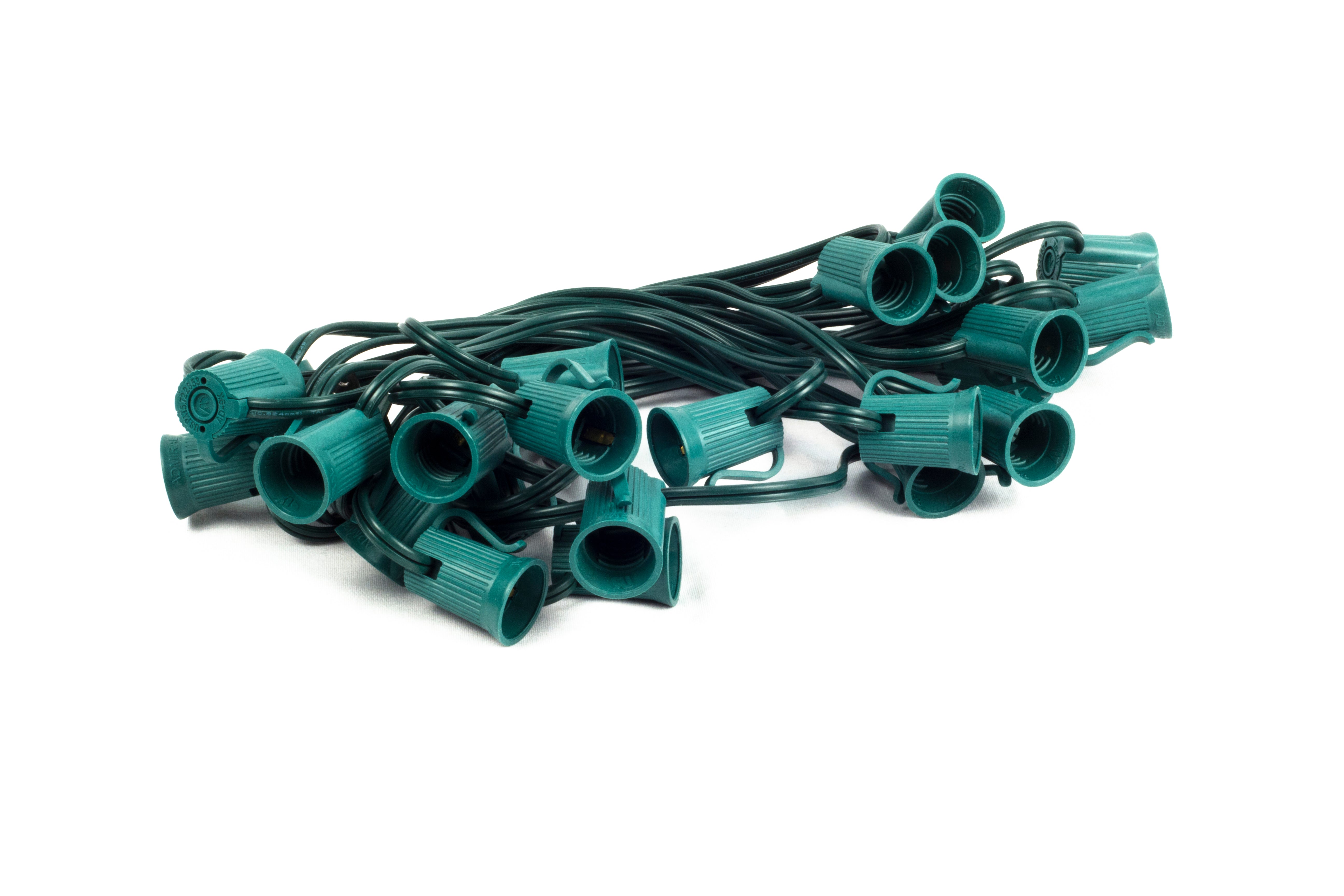 25ft C9 Cordset with E17 Sockets - 12 Inch Spacing Green Wire for Christmas Lights, Outdoor Holiday Decorations & Party String Lighting