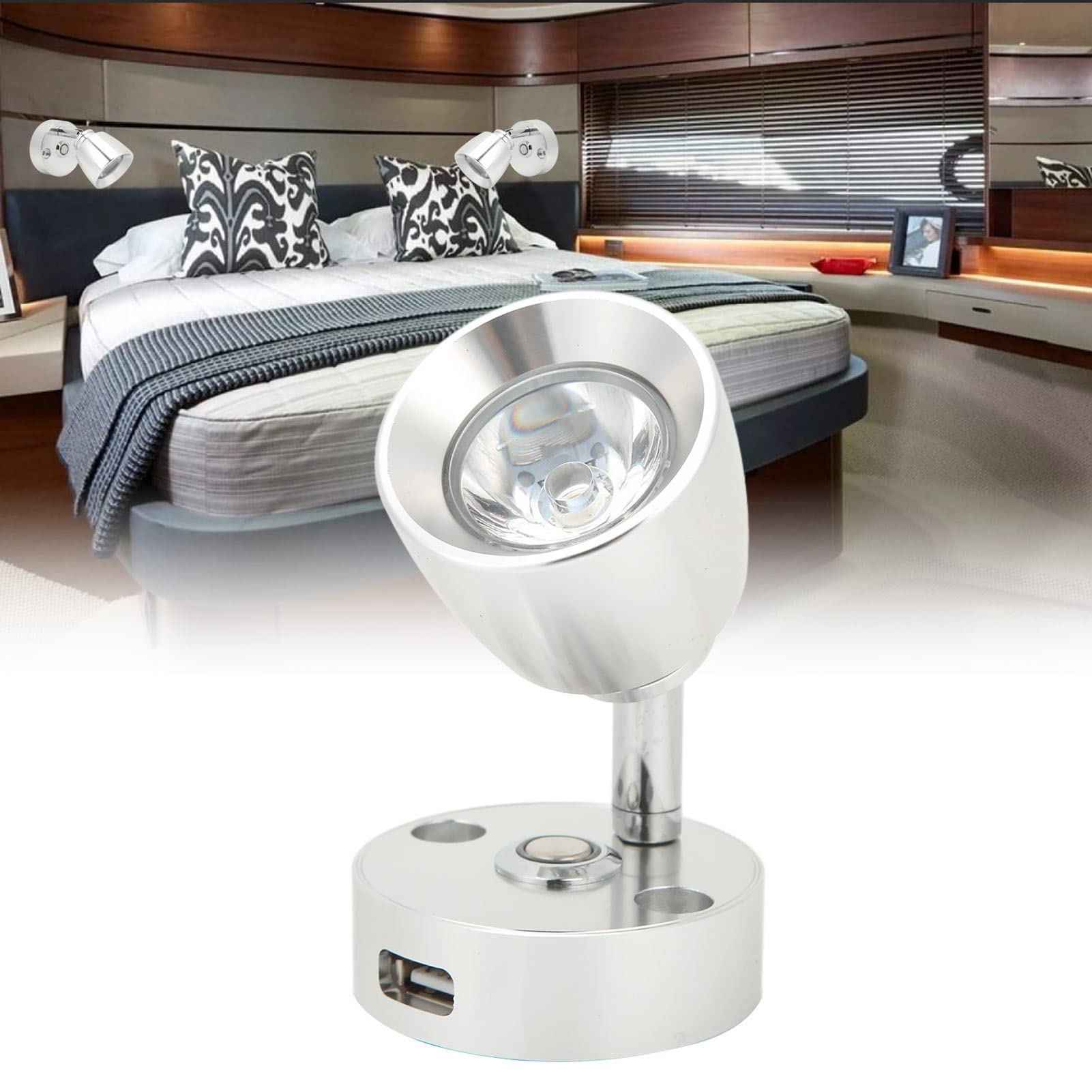 Fydun LED RV Spotlight Reading Light with Dimming Switch & USB Port - Wall Mount RV, Caravan, Camper, Boat Interior Light (Silver Neutral White) - Perfect for Night Reading and Ambient Lighting