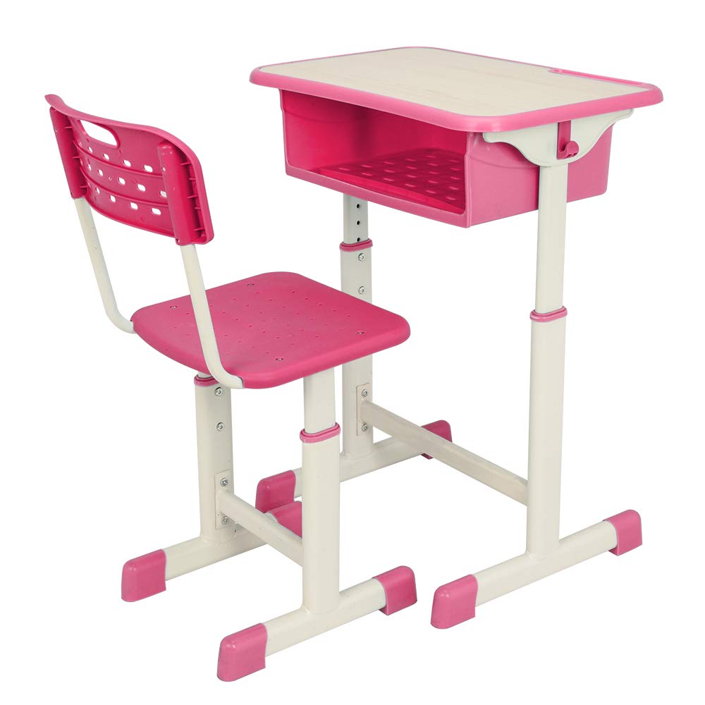 MTFY Adjustable Kids Desk and Chair Set - Ergonomic Study Table for Children with Storage Drawer, Pink - Perfect for Homework, Online Learning & School Projects