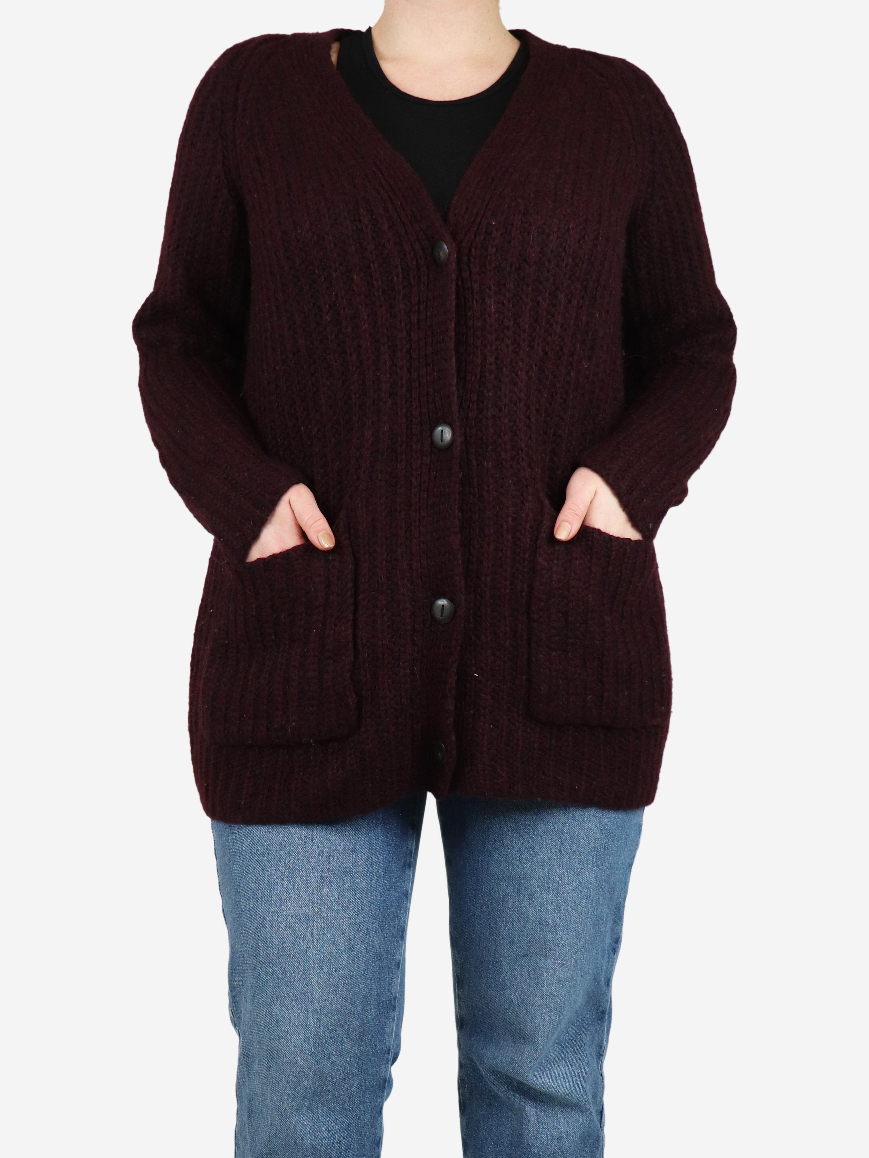 Burgundy Chunky Ribbed Cardigan for Women - Size M | Cozy Winter Sweater for Casual Outfits & Layering