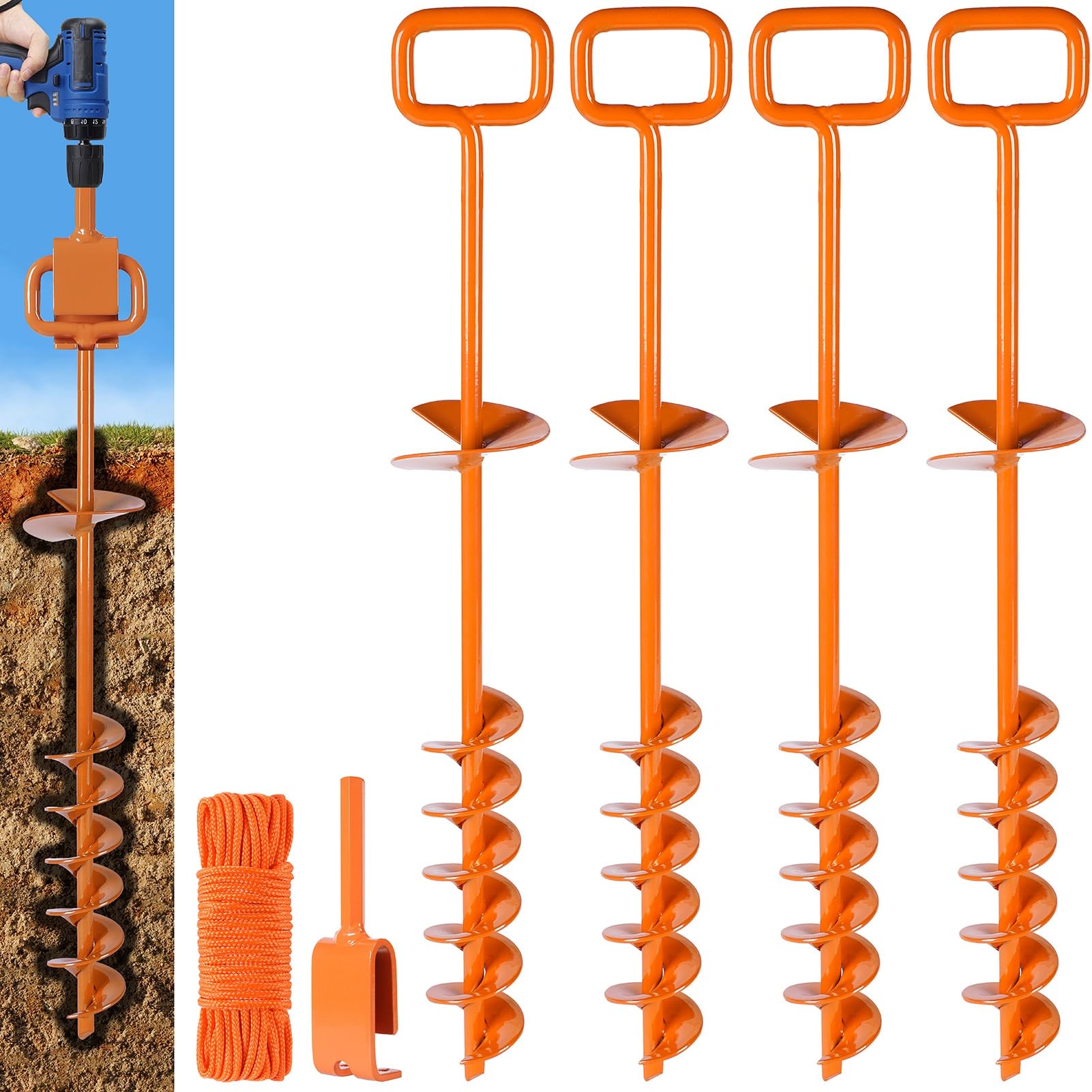 Heavy Duty 20in Orange Screw-in Tent Stakes (4PCS) with Adapter - Secure Anchors for Camping Tents, Trampolines & Mobile Homes | Durable Ground Screws for Outdoor Adventures & Wind Protection