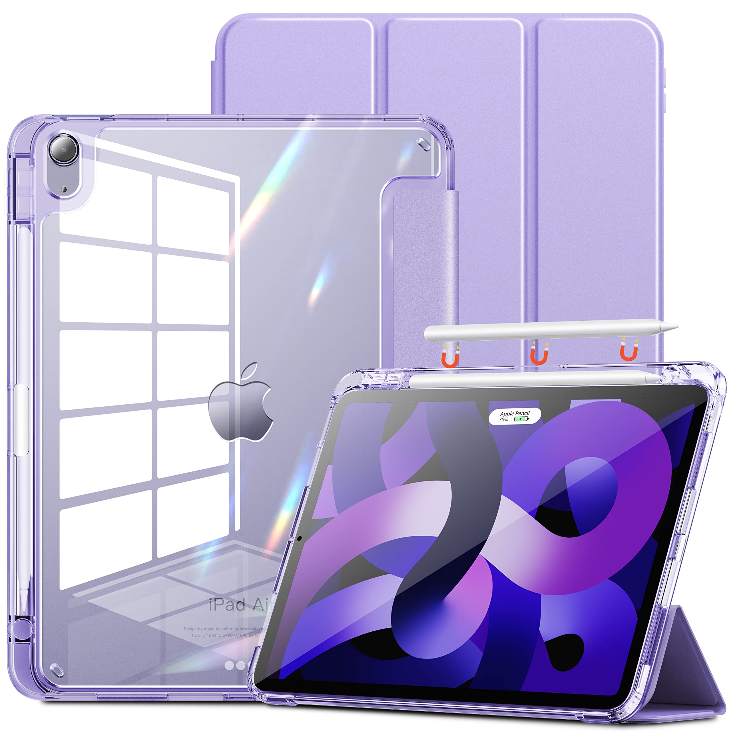 INFILAND iPad Air 5th/4th Generation Case 10.9 inch (2022/2020 Model) - Crystal Clear Protective Cover with Anti-Yellowing Technology & Pencil Holder - Pale Violet | Perfect for Work, School & Travel