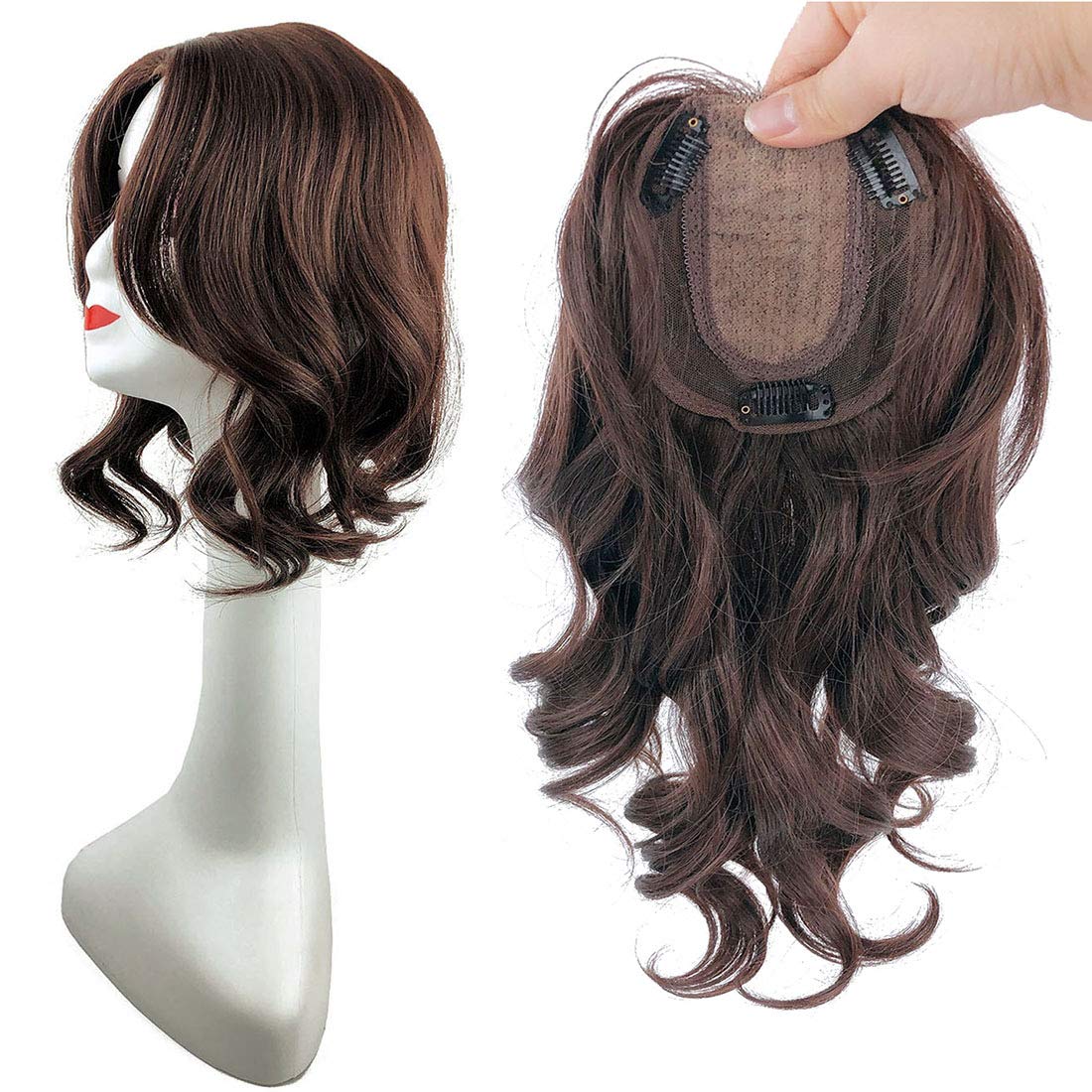 14 Inch Natural Wavy Hair Topper with Middle Part | 10x13cm French Style Clip-in Human Hair Wig in Light Brown | Perfect for Thinning Hair & Volume Boost for Daily Wear