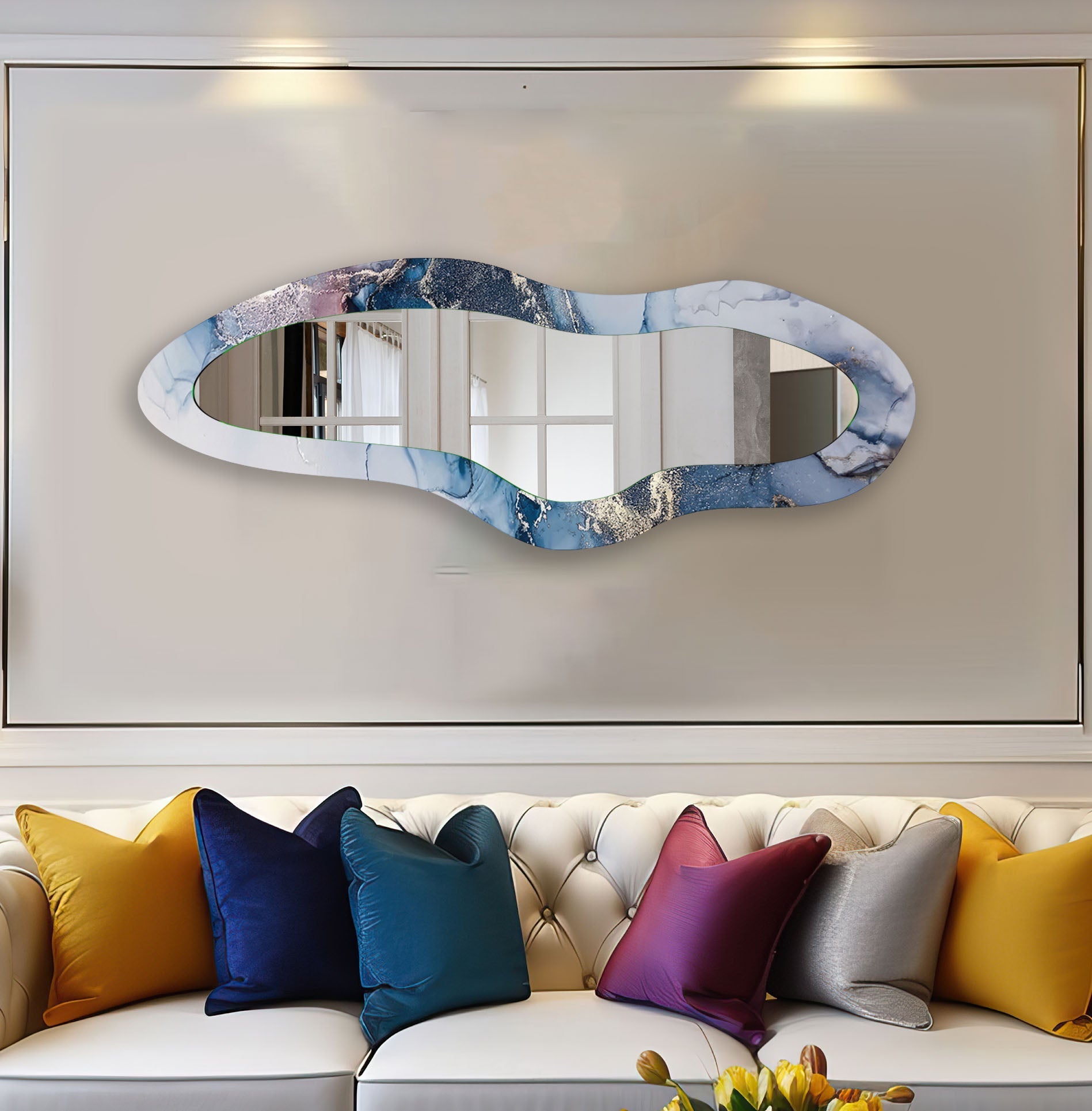 Blue Alcohol Ink Aesthetic Wall Mirror - Handmade Boho Decor for Bedroom, Living Room & Bathroom - Unique Home Wall Art for Modern Interior Design