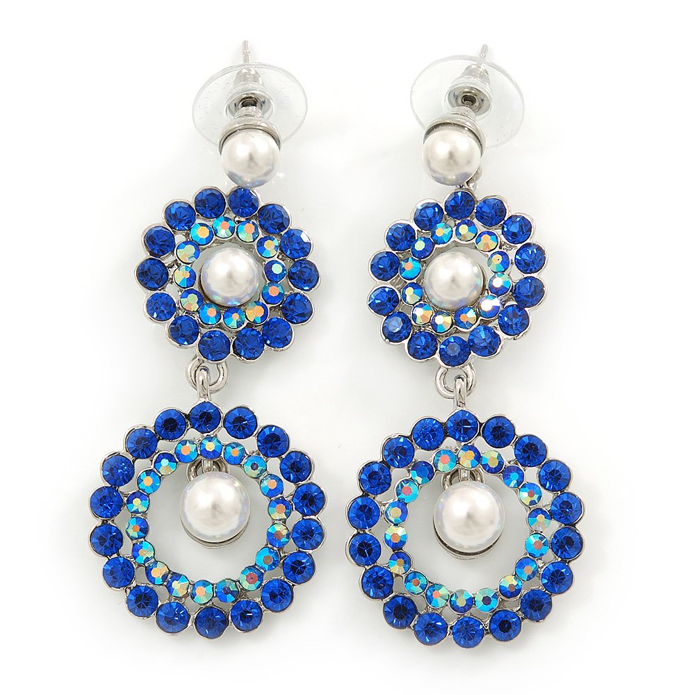 Elegant Sapphire Blue & AB Austrian Crystal Pearl Double Hoop Drop Earrings - 55mm Rhodium Plated Dangle Earrings for Women | Perfect for Weddings, Parties & Special Occasions