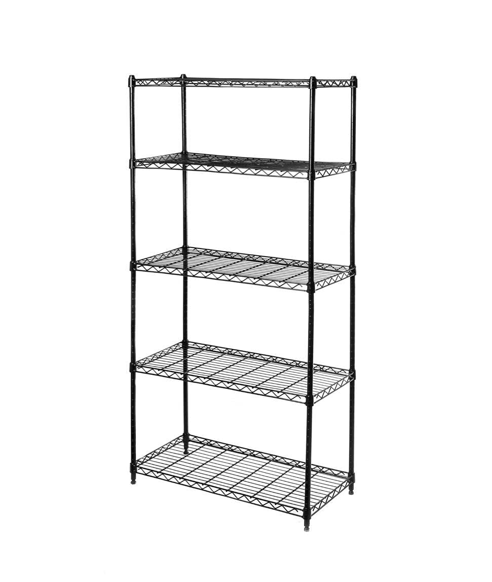 5-Tier Black Epoxy Steel Wire Shelving Unit - Heavy Duty Storage Rack for Books, Office, Bedroom & Bathroom Organization - Space Saving Wall Mounted Shelf for Home Decor and Storage Solutions