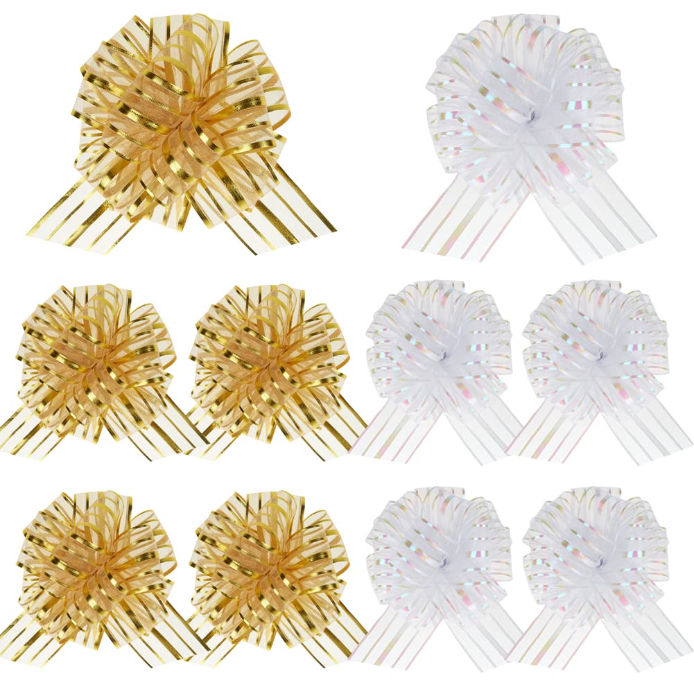 10-Piece Large Organza Pull Bow Gift Wrapping Set with Ribbon - 6 Inches (White & Gold) - Perfect for Wedding Presents, Gift Baskets, Party Decorations & Special Occasions