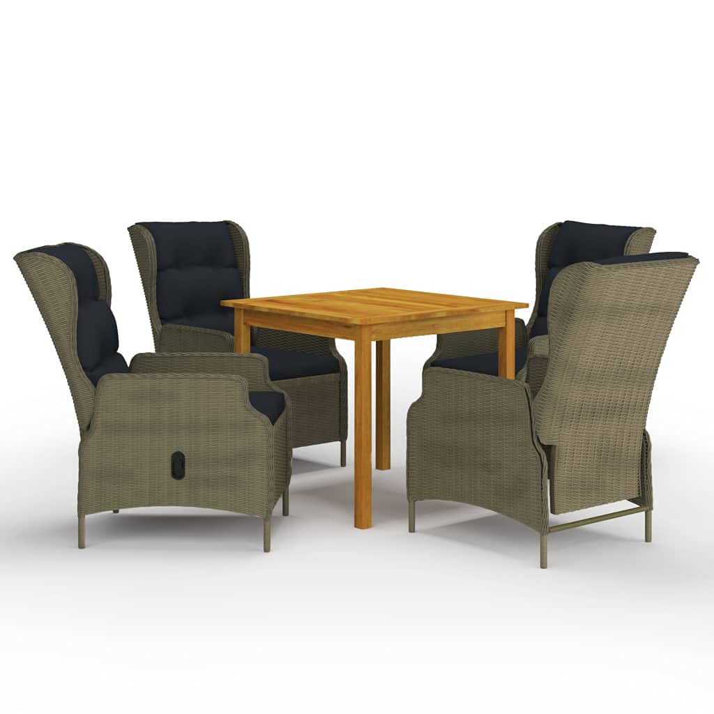 5-Piece Brown Solid Acacia Wood Patio Dining Set with Cushions - Outdoor Garden Furniture with Oil Finish, Round PE Rattan & Powder-Coated Steel - Perfect for Backyard, Poolside, and Terrace Dining