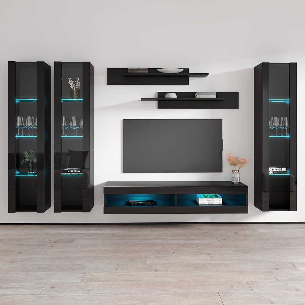Modern Wall-Mounted TV Stand with Storage Shelves & LED Lights - 34