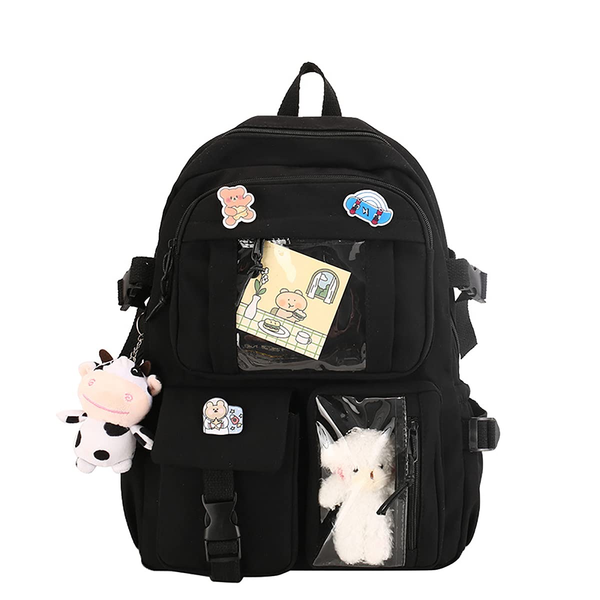Cute Kawaii Aesthetic Backpack for Women - Lightweight Travel Backpack with Badge Pins & Keychain Pendant - Perfect for School, Work, Travel & Everyday Use
