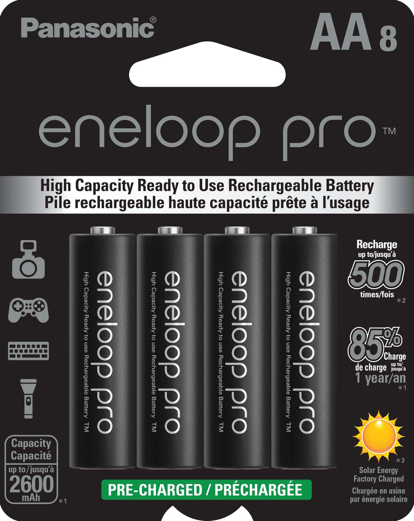 Panasonic Eneloop Pro AA High Capacity Ni-MH Rechargeable Batteries (8-Pack) - BK-3HCCA8BA - Perfect for Digital Cameras, Game Controllers & High-Drain Devices