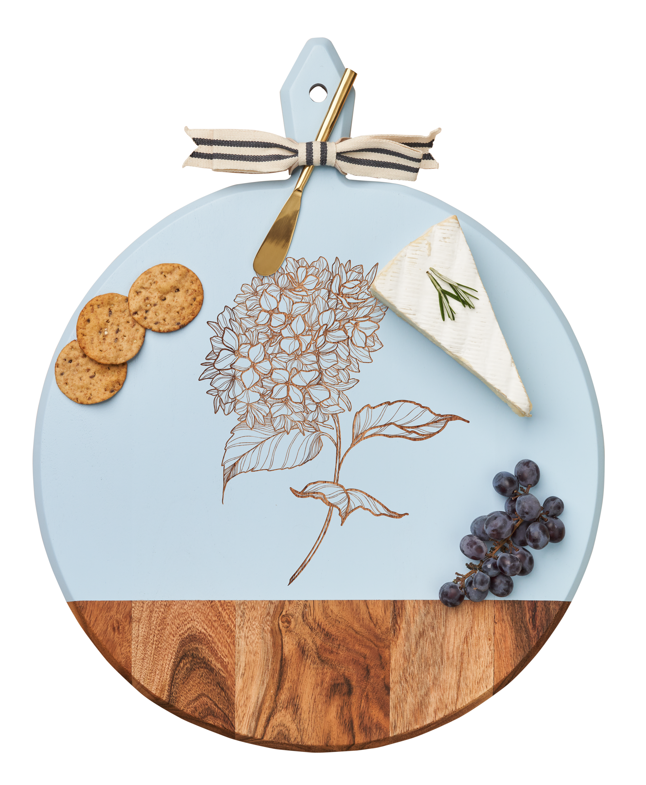 Acacia Wood Heirloom Cheese Board with Handle - Round Charcuterie Tray with Gold Spreader & Gray White Ribbon - Perfect for Weddings, Parties & Cheese Platters (20 x 16 Inches)