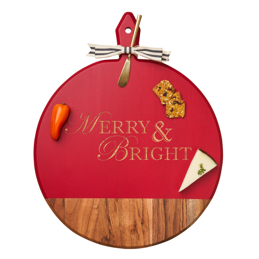 Acacia Wood Round Charcuterie Board with Gold Cheese Spreader & Ribbon - 20 x 16 Inch - Elegant Holiday Serving Tray for Christmas Entertaining, Cheese Platters & Wedding Gifts