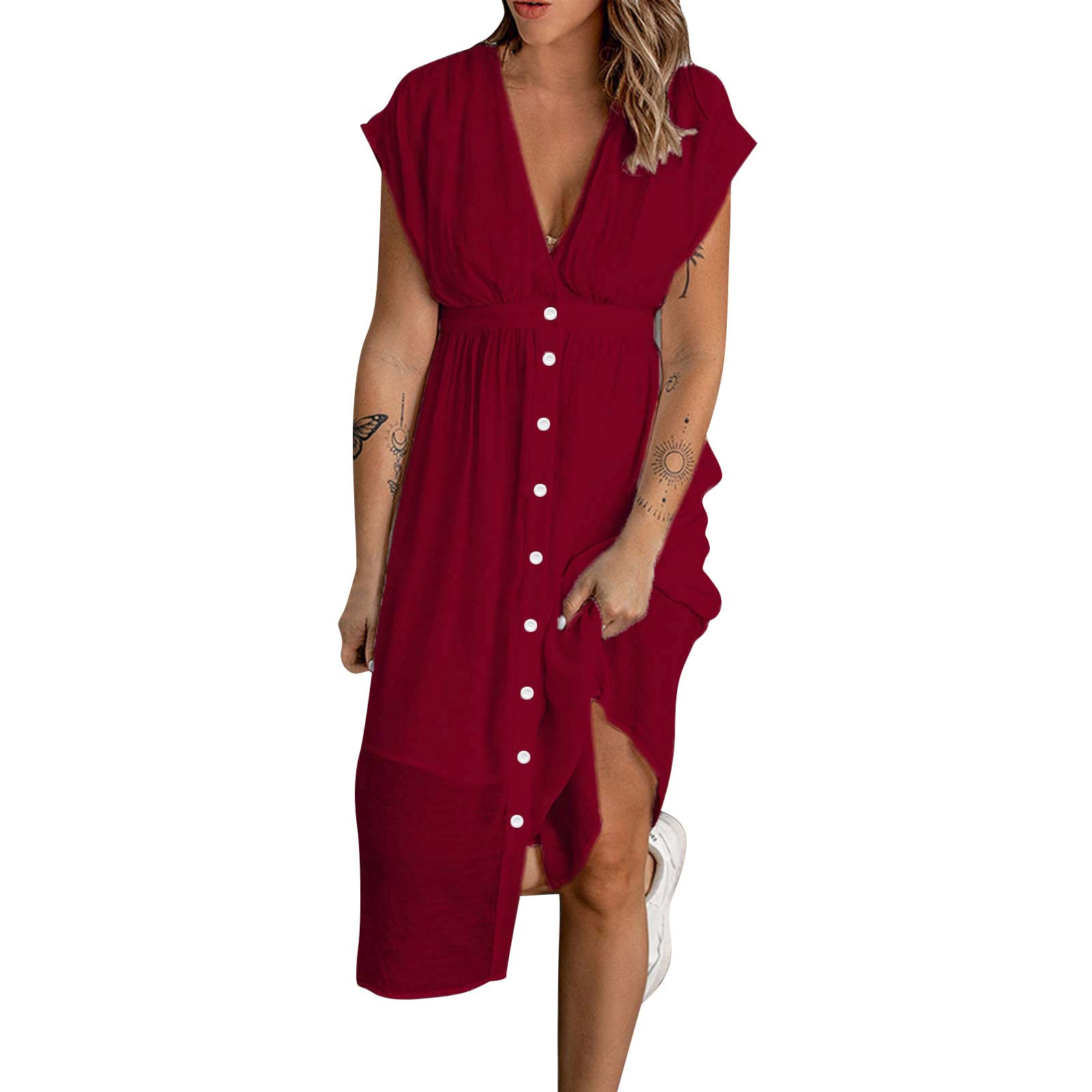 FRSH MNT Women's Summer Casual V-Neck Sleeveless Waist Tank Dress - Solid Color Flowy Sundress for Beach, Vacation & Everyday Wear
