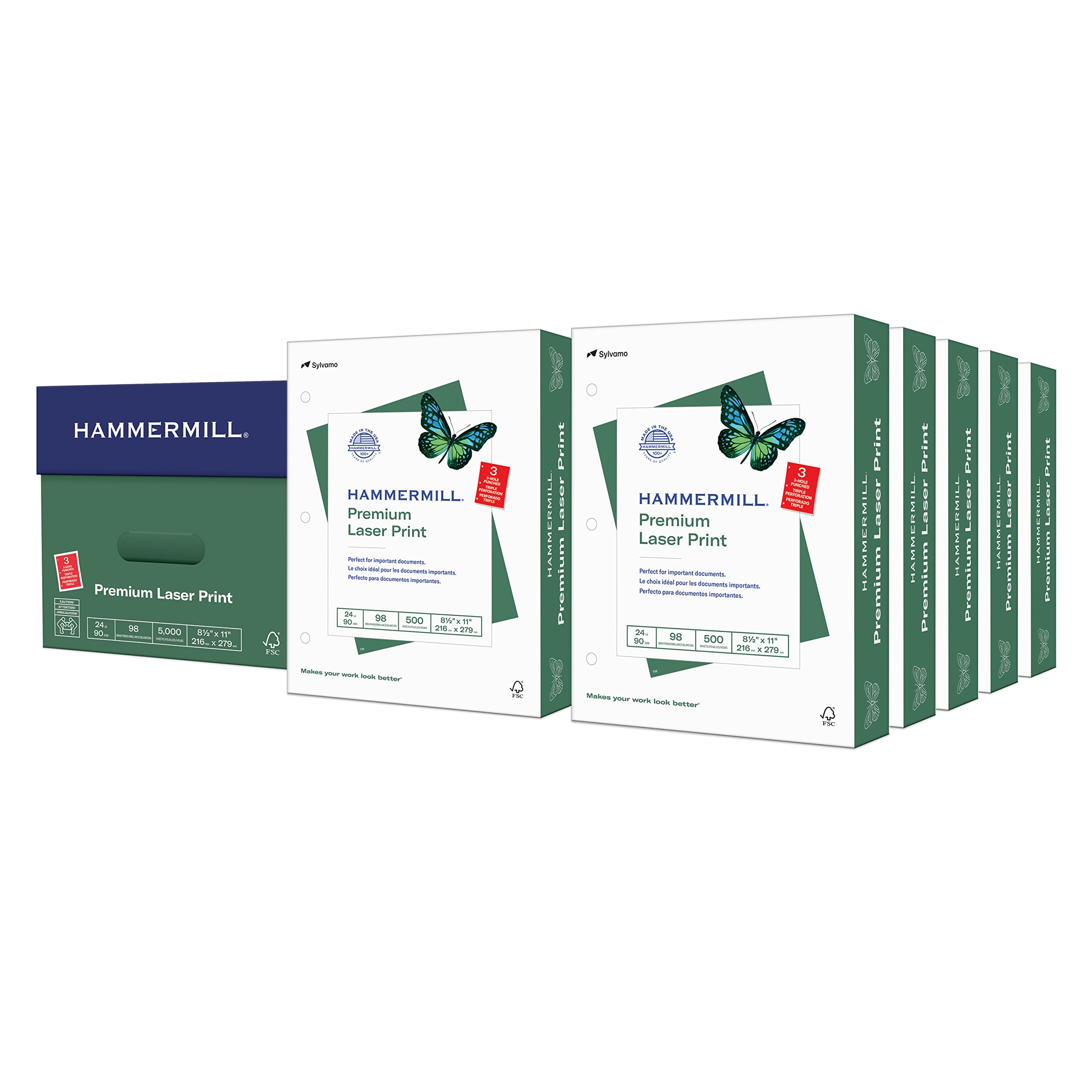 Hammermill Premium 24 lb Laser Printer Paper - 3 Hole Punched, 10 Ream (5,000 Sheets) - 98 Brightness, Made in USA (107681C) - Ideal for Office Documents, School Reports & Professional Presentations