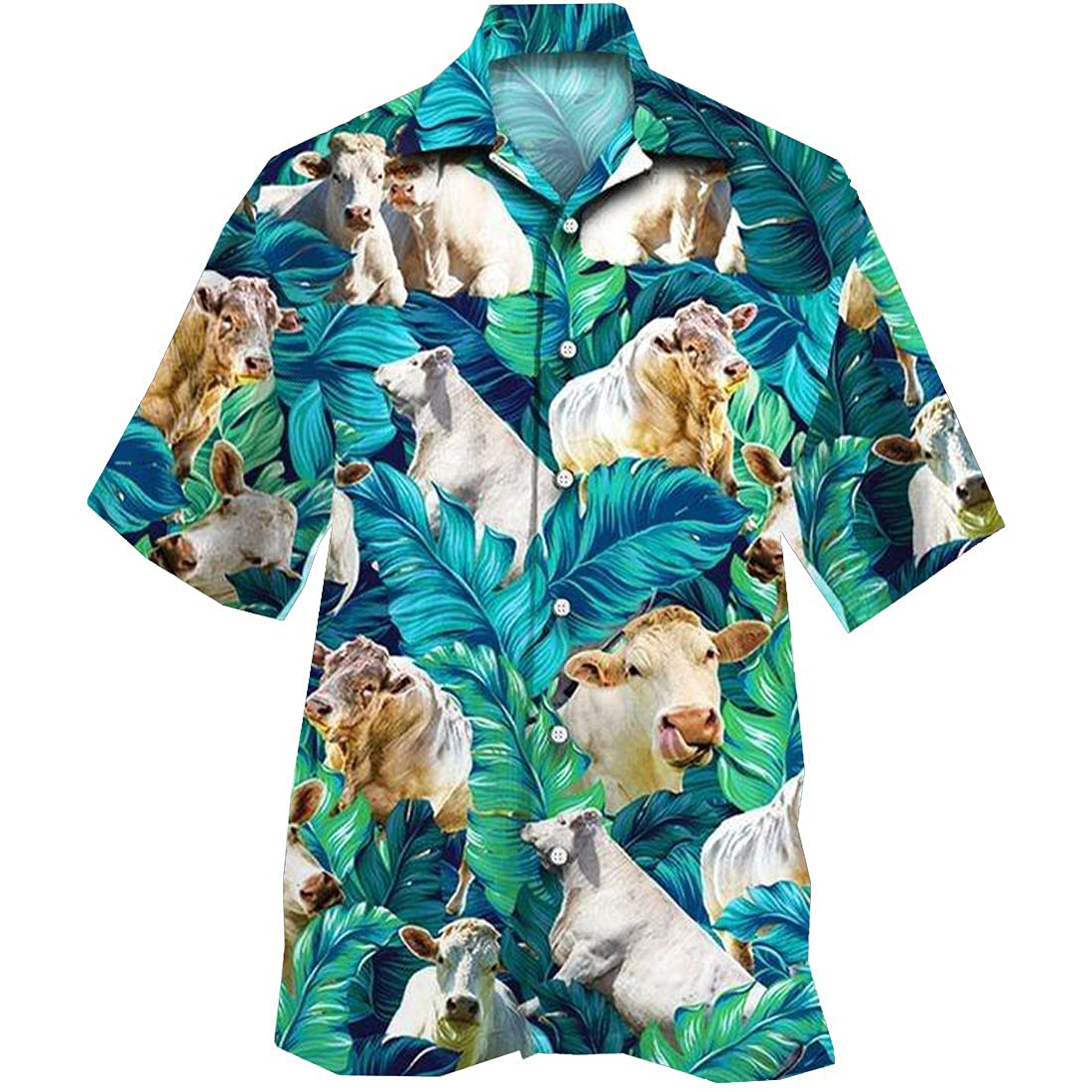 Men's Tropical Cow Print Hawaiian Shirts - Short Sleeve Summer Button Down Shirt with Cow Design | Beach Party, Luau, Vacation & Casual Wear