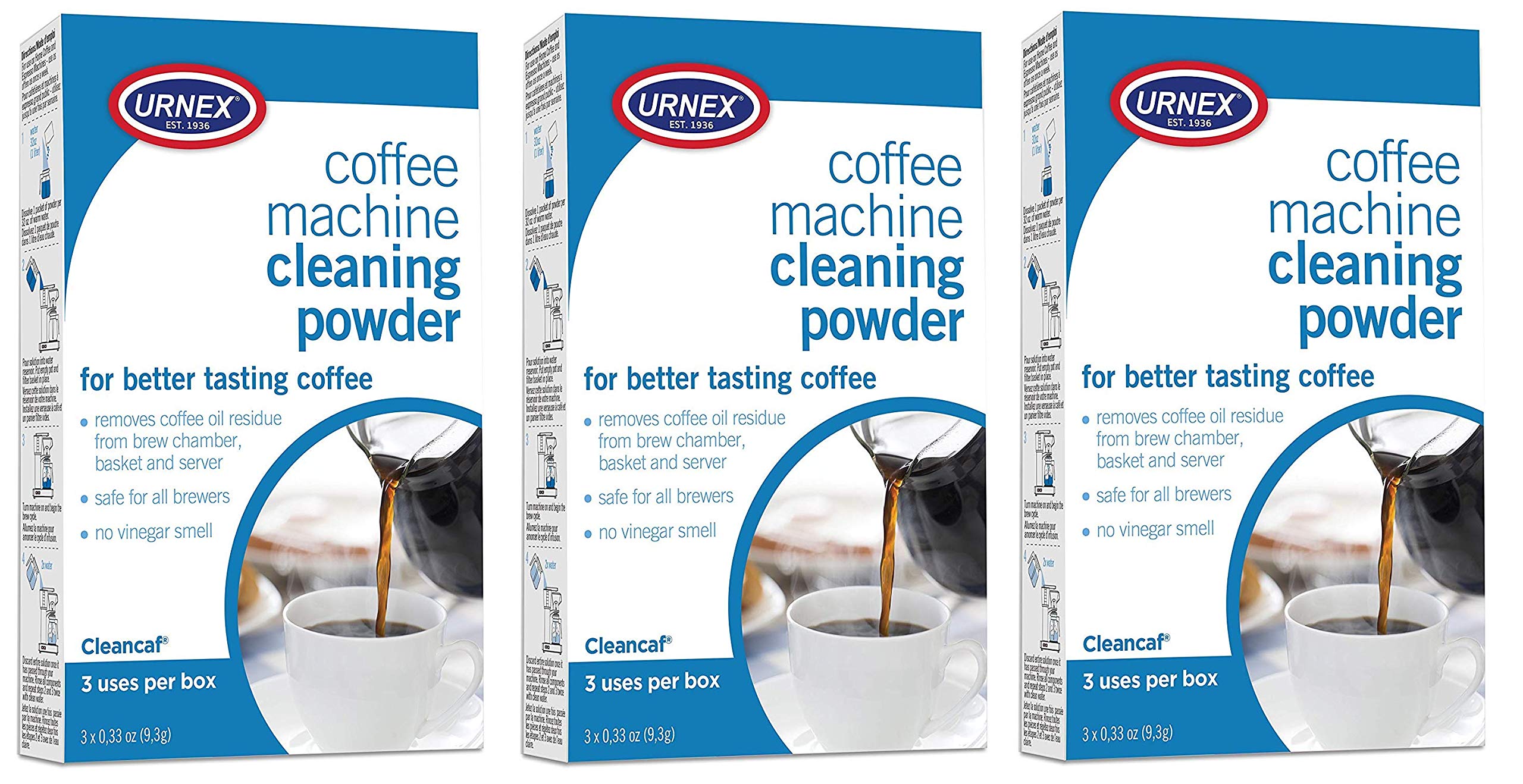 Urnex Cleancaf Coffee & Espresso Machine Cleaning Powder - Professional Descaler for Keurig, Nespresso & Drip Coffee Makers (3 Uses/Box) - Perfect for Home Baristas & Café Maintenance