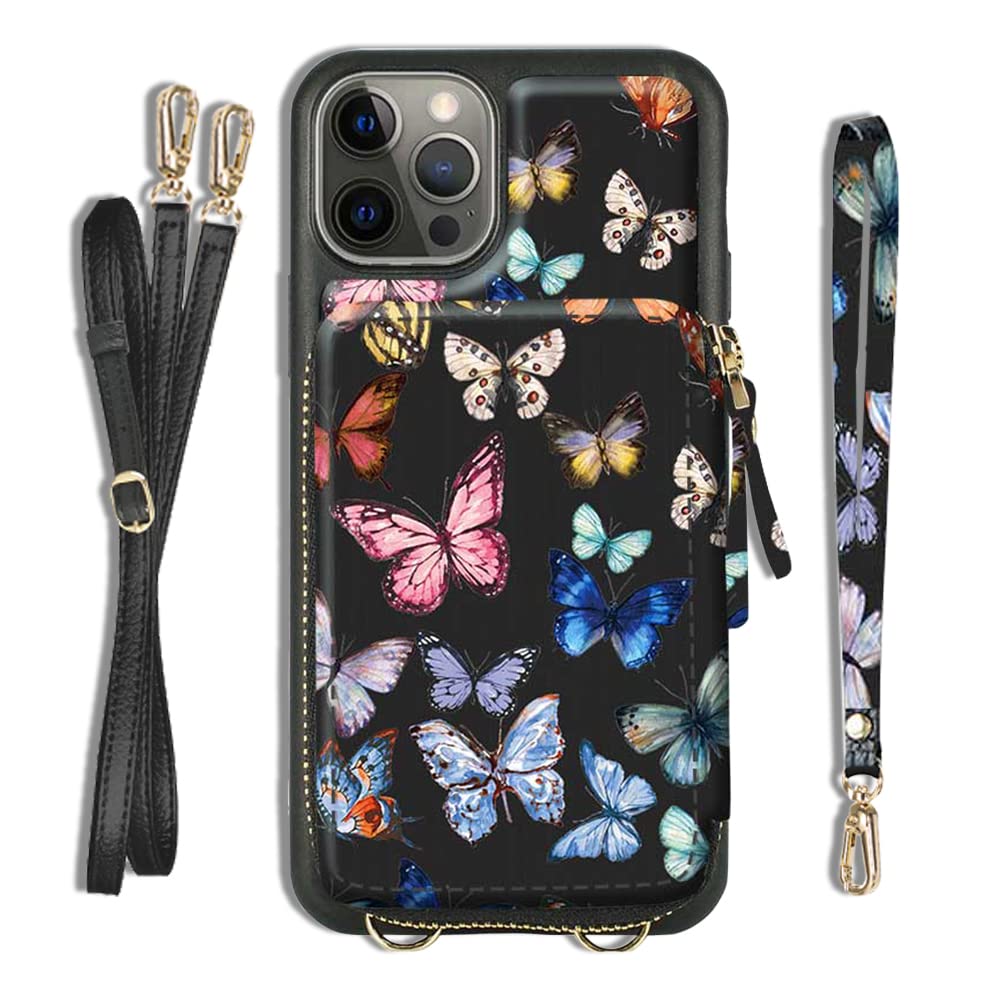 ZVE iPhone 13 Pro Max Crossbody Phone Case with Zipper - RFID Blocking, Card Holder & Wrist Strap | Colorful Butterfly Design | Perfect for Travel, Shopping & Daily Use